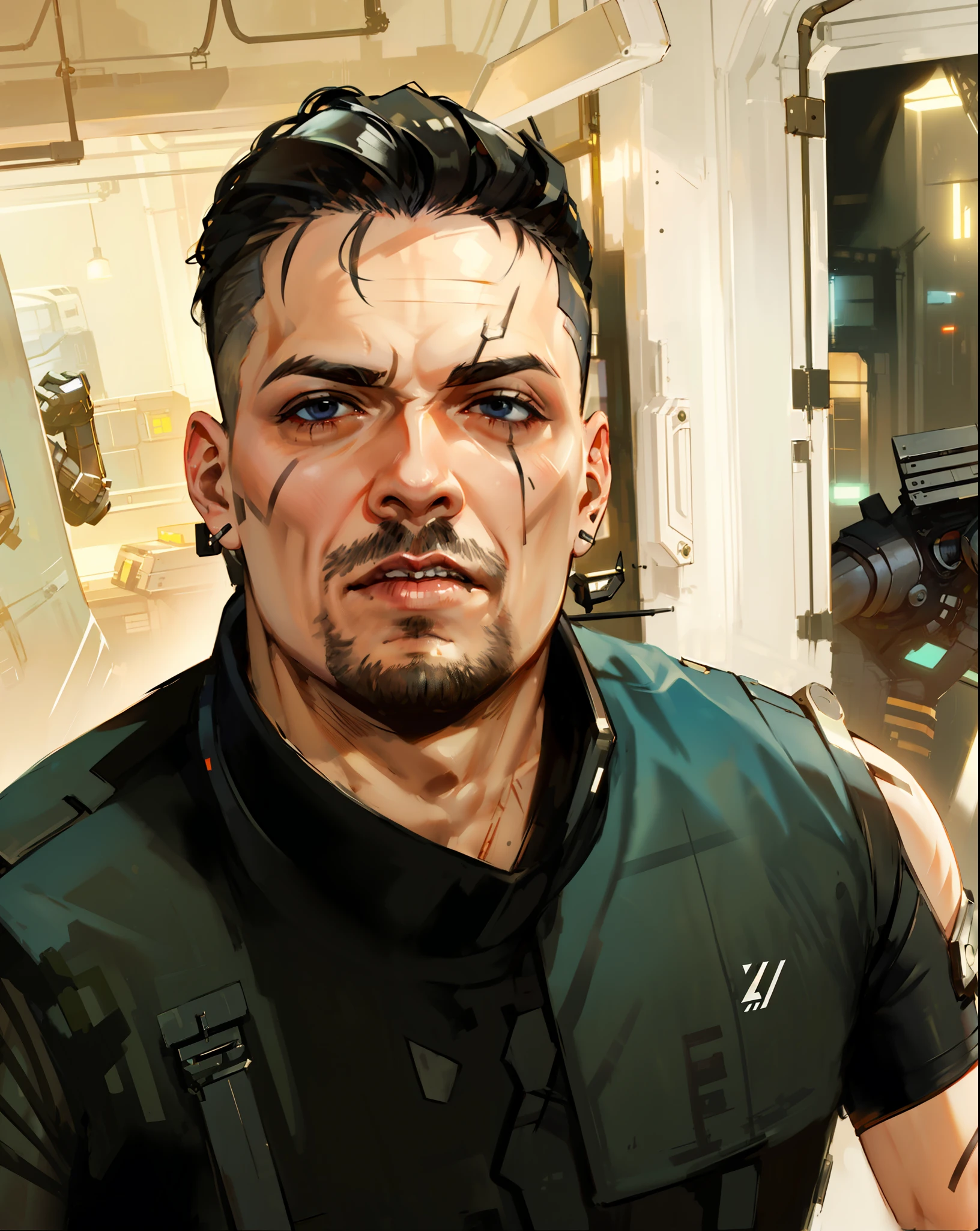 cyber punk, city, 1boy, black hair, black eyes, cyborg