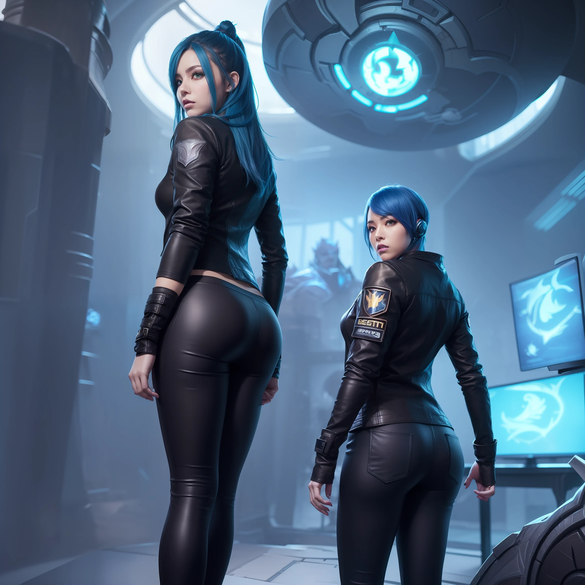 Blue haired woman, black leather jacket, neon brown eyes, legging pants, tactical boot, tactical gloves, back to viewer, futuristic city space, in the background, best 8k quality, photo-realistic, shocking lighting, realistic shading, (((jogando league of legends)))