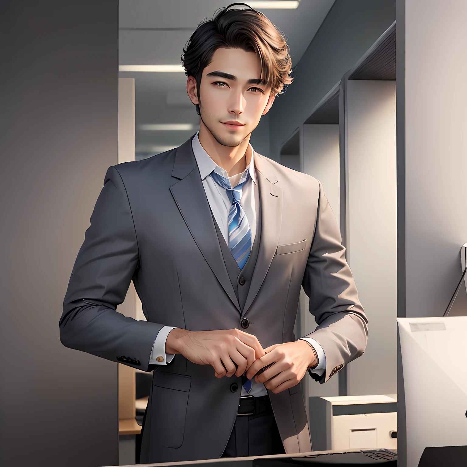 Gray background for a friendly look、Handsome office worker man in his late 29s with a kind face
