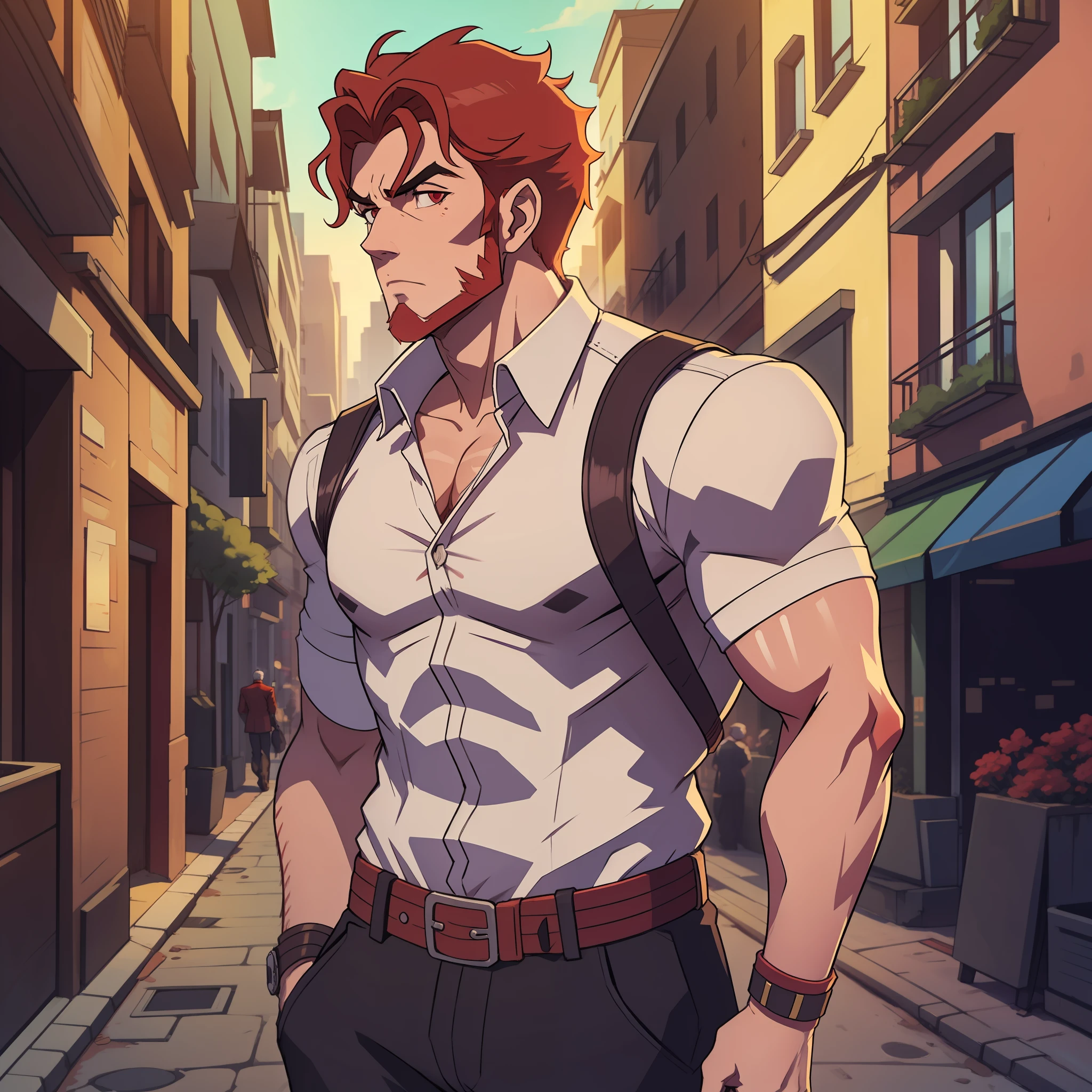 Adult handsome mature Man, stroger , atlétic body , red hair, at city