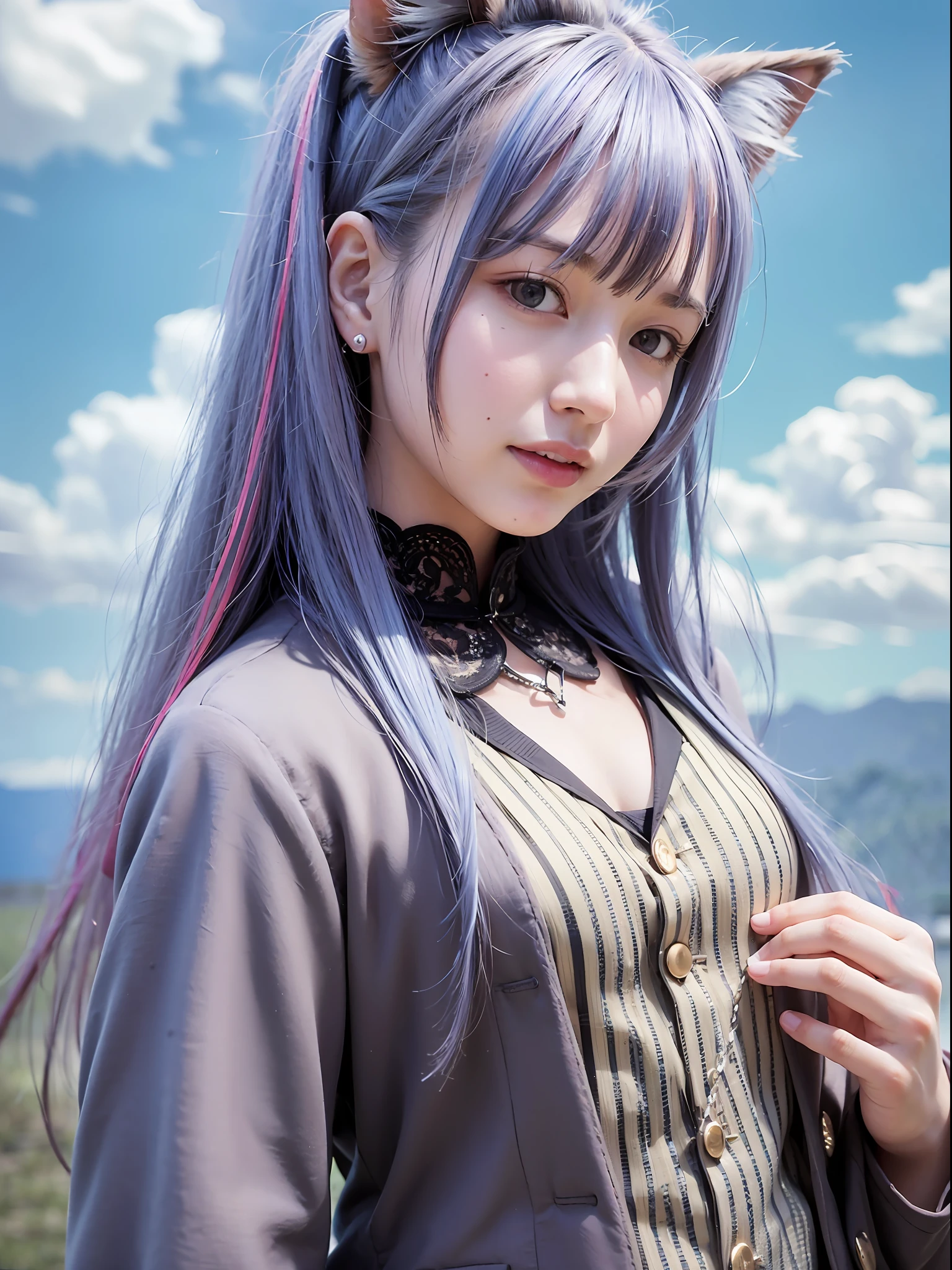 (dynamicposes:1.4), (dynamic ungle:1.4), Romper (细致背景:1.4)、hyper detailed background、(Floating light blue clouds:1.4)、(study:1.4)、((top-quality、8K、​masterpiece:1.3))、1girl in、A smile、full body Esbian、Slim Faces、Pretty women、(Silvery hair)、hyperdetailed face、A detailed eye、二重まぶた、blured background、Slim Faces、Cute、extremely delicate and beautiful girl、Happy smiling face、Overall、ultra-detailliert、4K、masutepiece、small mouth、Colossal tits、Cat's ears、((Two-piece suit)SKS Women Medium Shot Photo、suits、vests、tailcoat:1.2)、hime-cut、ultra-detailliert、4K、masutepiece、Small smiling mouth、low angles、a small face