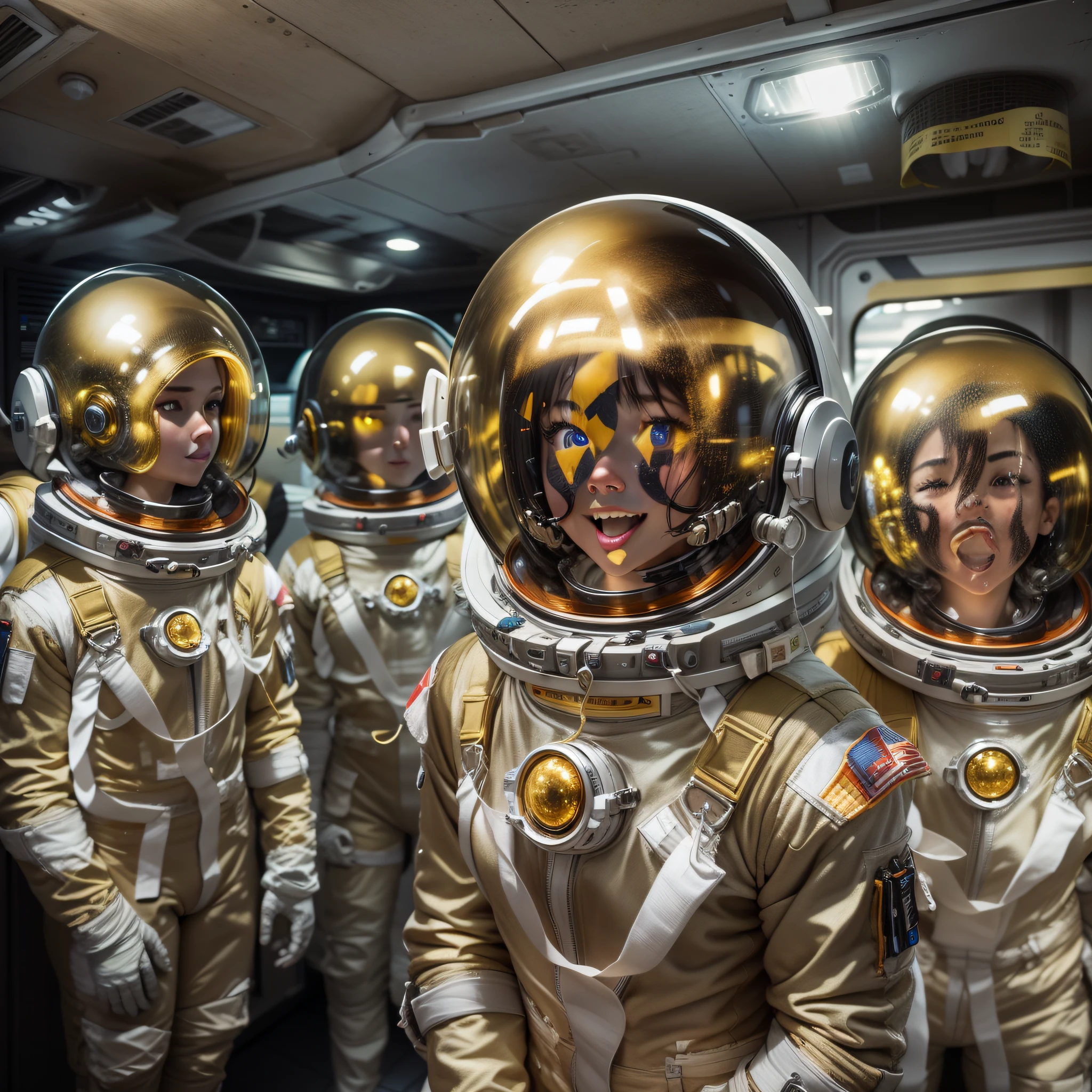 seres alienigenas extraterrestres simpaticos y sonrientes, con uniforme de astronautas color plata , oro y bronce. en cabina voladora de gran tecnologia.