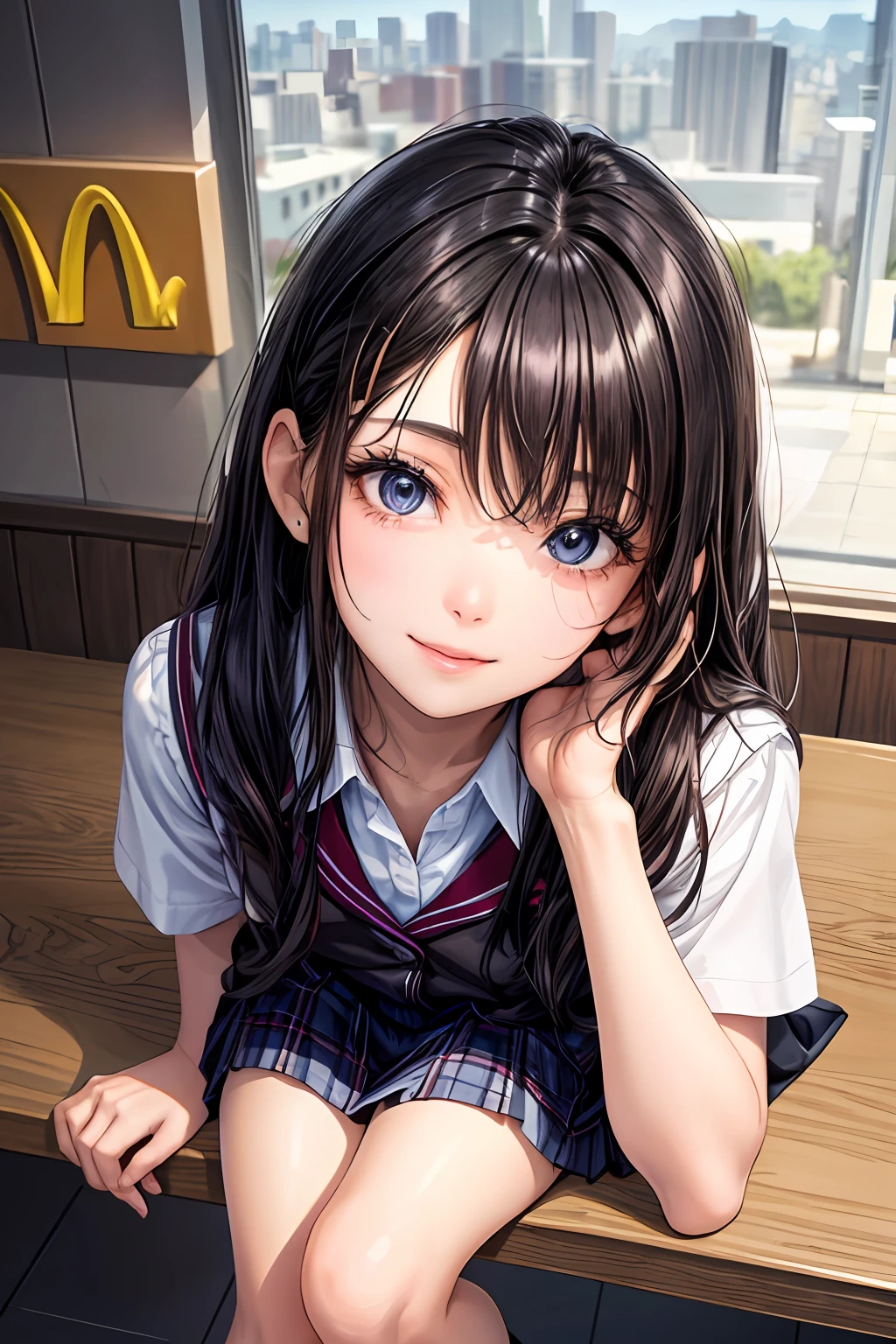 masterpiece((((ultra illustrated style:1.0)))), best quality, 1girl,((solo):1.2),best animated,(like a pencil_drawing style:1.4),(black outline style:1.1),(ultra detailed glossing hair:1.6), (ultra detailed hair:1.4),(Illustrated city background:1.2),1girl,high detail illustrated paint body and eyes like Manga,busty,Dark hair, dark eyes,(fitted contact-lens own eyes:1.4),at Mcdonalds,beautiful city, Japan,summer time, shiny fatty skin,reddish Kneecap:1.2,soft and fat white_skin but yet reddish kneecap:1.8,half close eyes,happy smile,cosmetics natural cheek and lip, (middle curled hair ),tilt head ,Neat and clean high school uniform,Plaid pleats skirt,beautiful shiny barefoot, cover style very most short folding-socks,((cute color cloth summer season)),shiny hi detail black_loafers,show face to toe,from above, table,shyness,sit chair,drink a coffee in the mcdonalds,side window,(((close up face:1.0)))