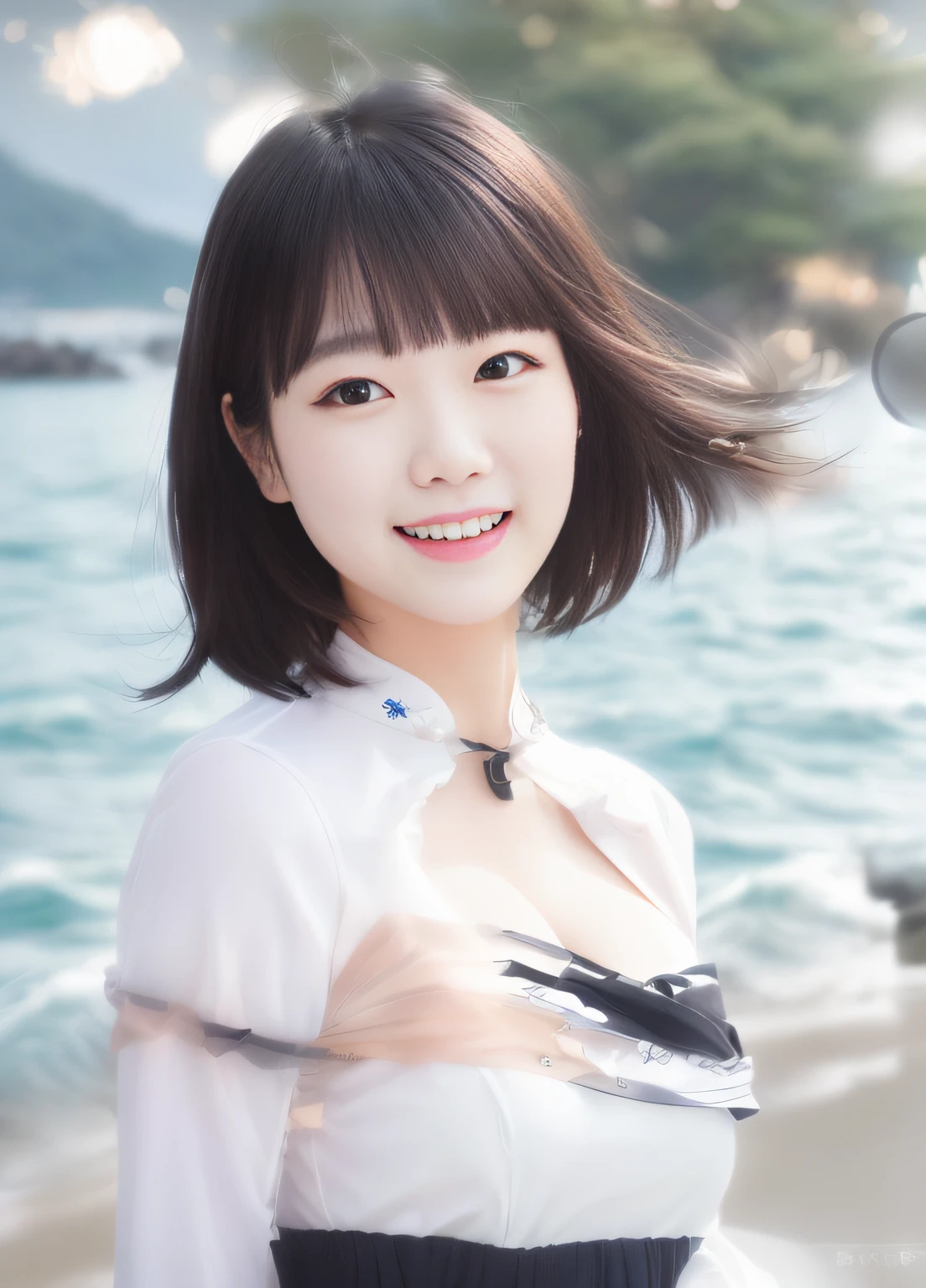 Laughing、A dark-haired、white clothes、sea side