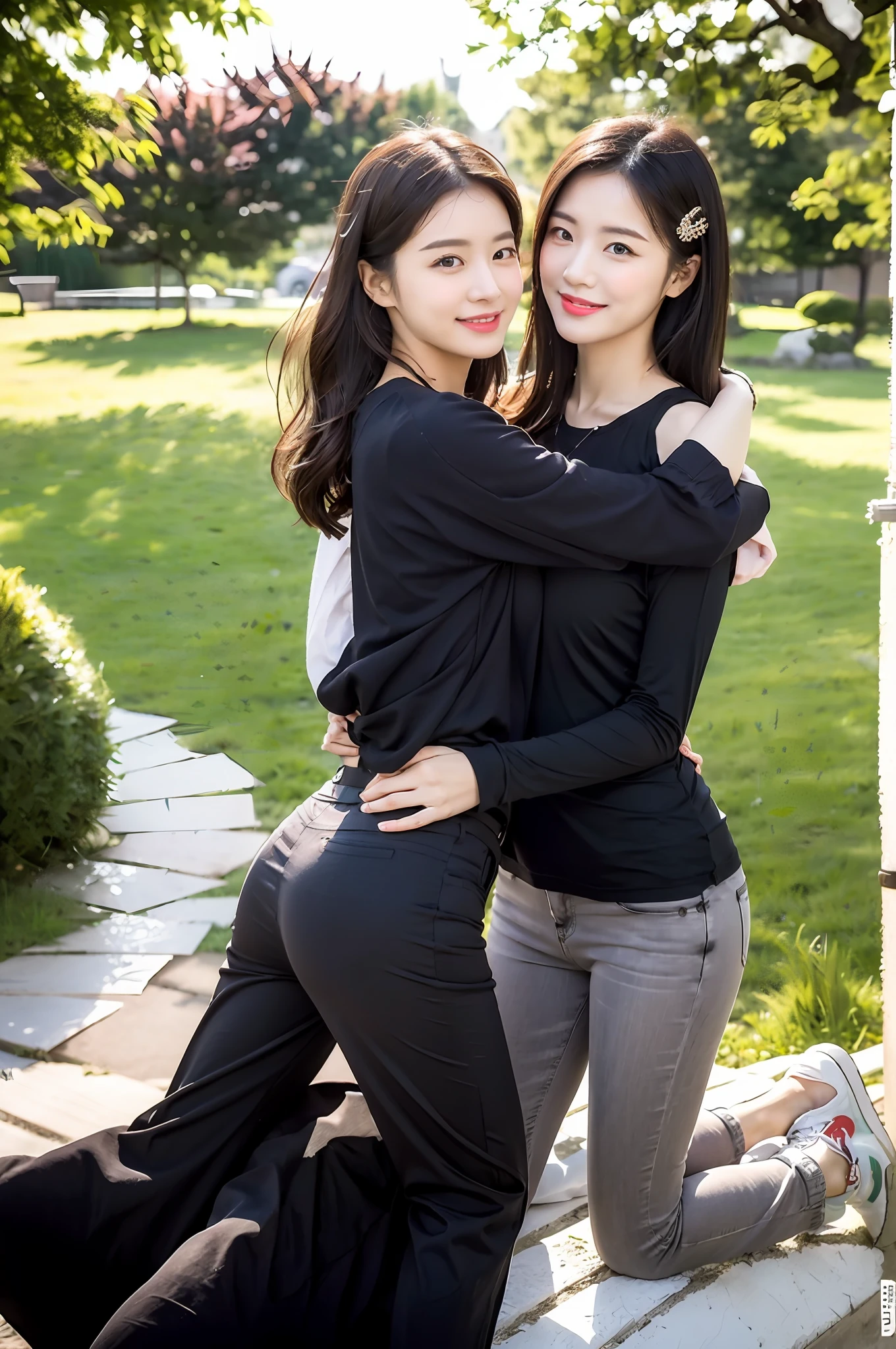 （RAW photogr，超高分辨率，tmasterpiece，best qualtiy：1.4），Complicated details，2 20 year old Korean girl，Wear a loose black T-shirt and stylish jeans，Stand on the grass and take pictures，hugs，Intimate relationships，Detailed meadow，A sweet smile on a small face，The face and skin are pink and fair，Ultra-realistic facial details，Beautiful ribbons and hair accessories，Playful and coquettish pose，The calves are straight and slender:1.5，Wear high-end branded colorful travel shoes:1.5，eventide，warm color，Broad lighting，naturalshadow，Shoot from the back，Beautiful waist and hips，taking a full body photo:1.8