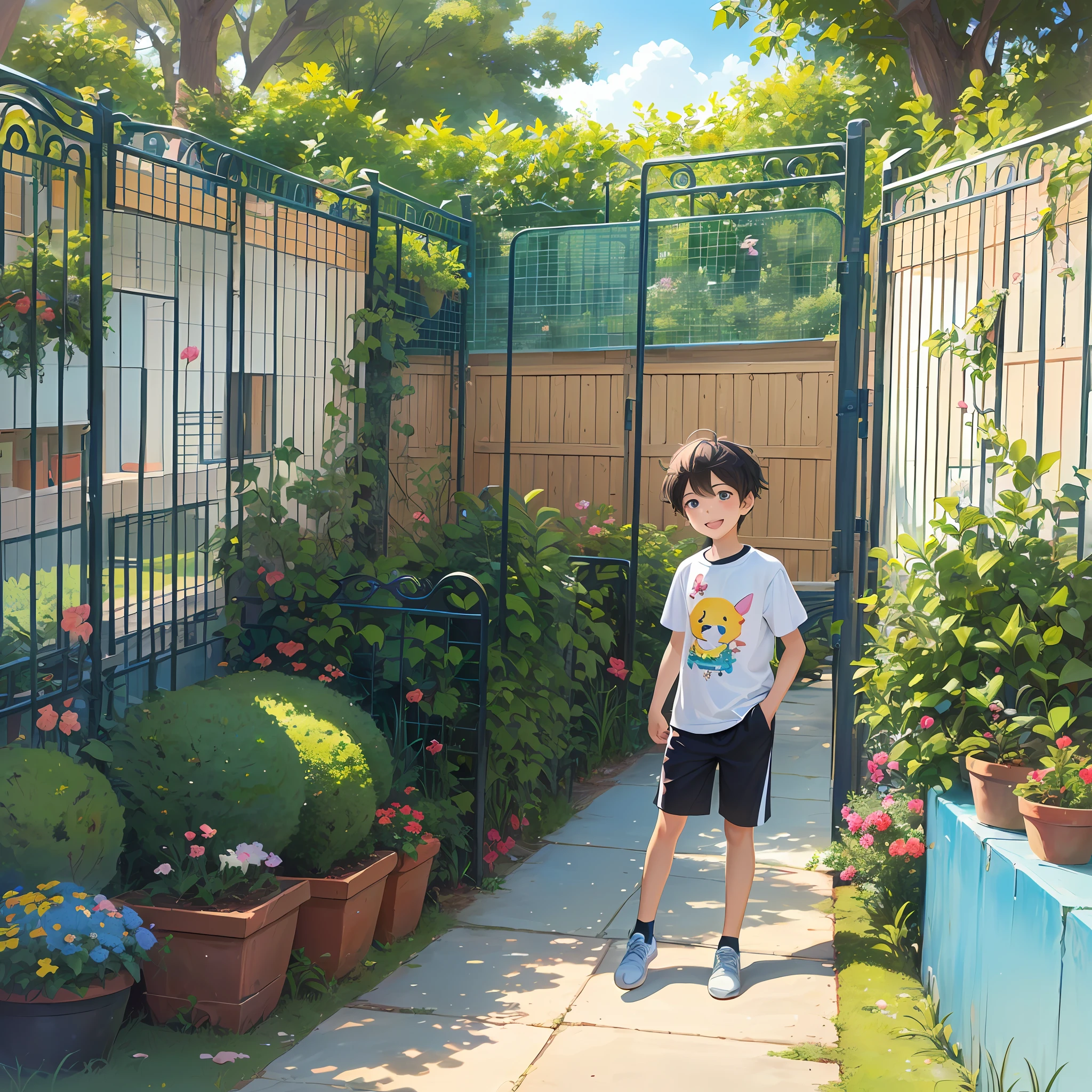 menino, parque da cidade, children's book ilustration style, simples, feliz, fofo, 7 anos, cores, cabelo castanho curto, cor lisa, camisa branca de manga curta, bermuda , black tennis,
