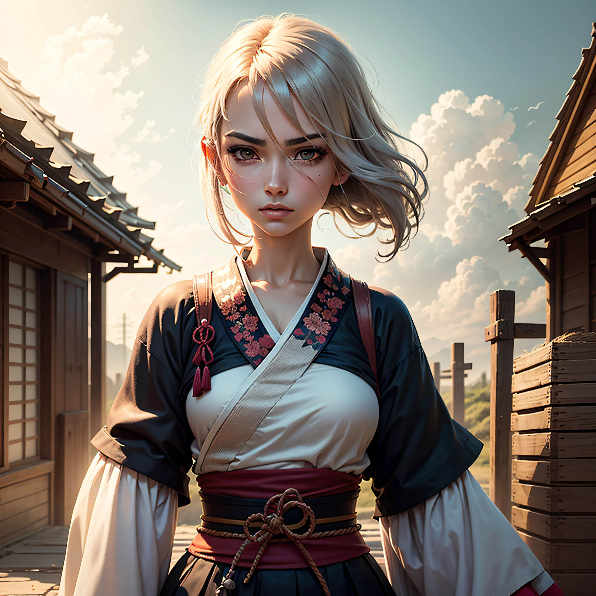 Obra prima, qualidade alta, 4k, personagem feminina de anime com cabelos brancos e olhos amarelos, ombreiras samurai. --auto