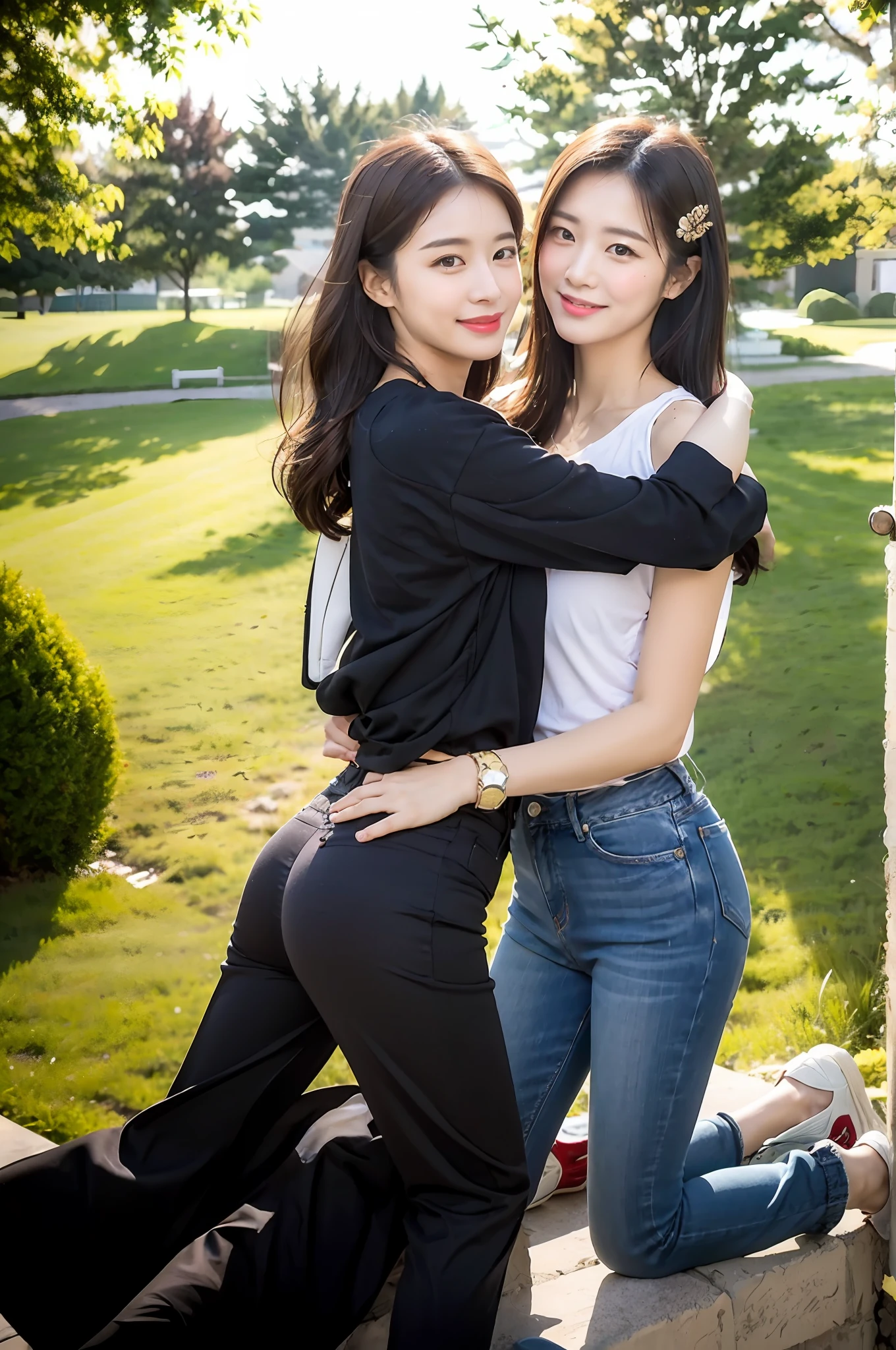 （RAW photogr，超高分辨率，tmasterpiece，best qualtiy：1.4），Complicated details，2 20 year old Korean girl，Wear a loose black T-shirt and stylish jeans，Stand on the grass and take pictures，hugs，Intimate relationships，Detailed meadow，A sweet smile on a small face，The face and skin are pink and fair，Ultra-realistic facial details，Beautiful ribbons and hair accessories，Playful and coquettish pose，The calves are straight and slender:1.5，Wear high-end branded colorful travel shoes:1.5，eventide，warm color，Broad lighting，naturalshadow，Shoot from the back，Beautiful waist and hips，taking a full body photo:1.8