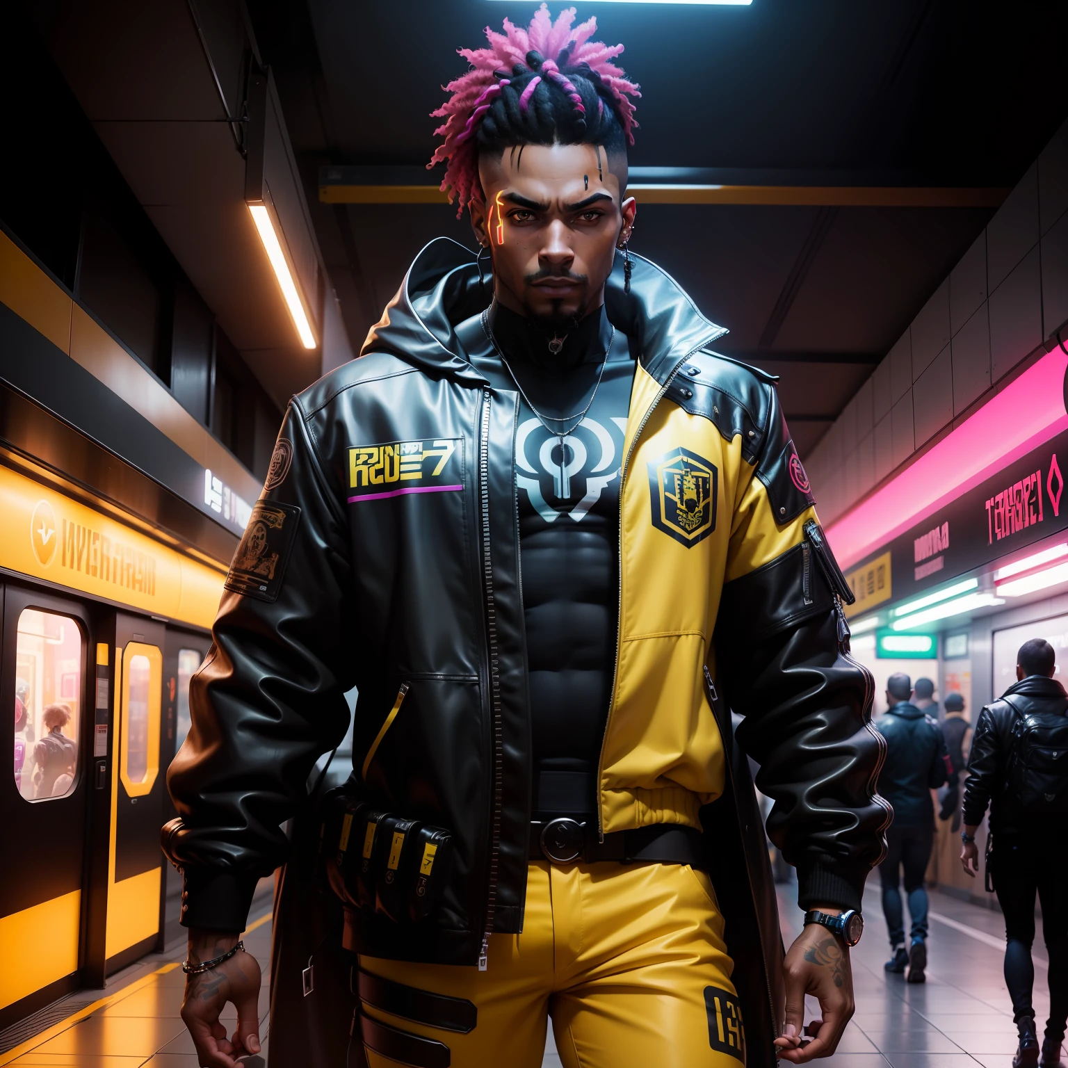 I'd like a cyberpunk style image in 4k average photo of three black characters ,,africana, forte, musculoso,Bodybillder, pele negra ,barba grande,com cabelo punk estilo anos 80 na cor amarelo ,muito eLegante,, futurista e estiloso neon , com uma tatuagem super colorida e com neon ,Toattoo, facing a metro station on the platform , with station lights failing in a dimly lit environment, standing dressed in a dark yellow suit ,estilo cyberpunk 2077 com uma gravata borboleta rosa .