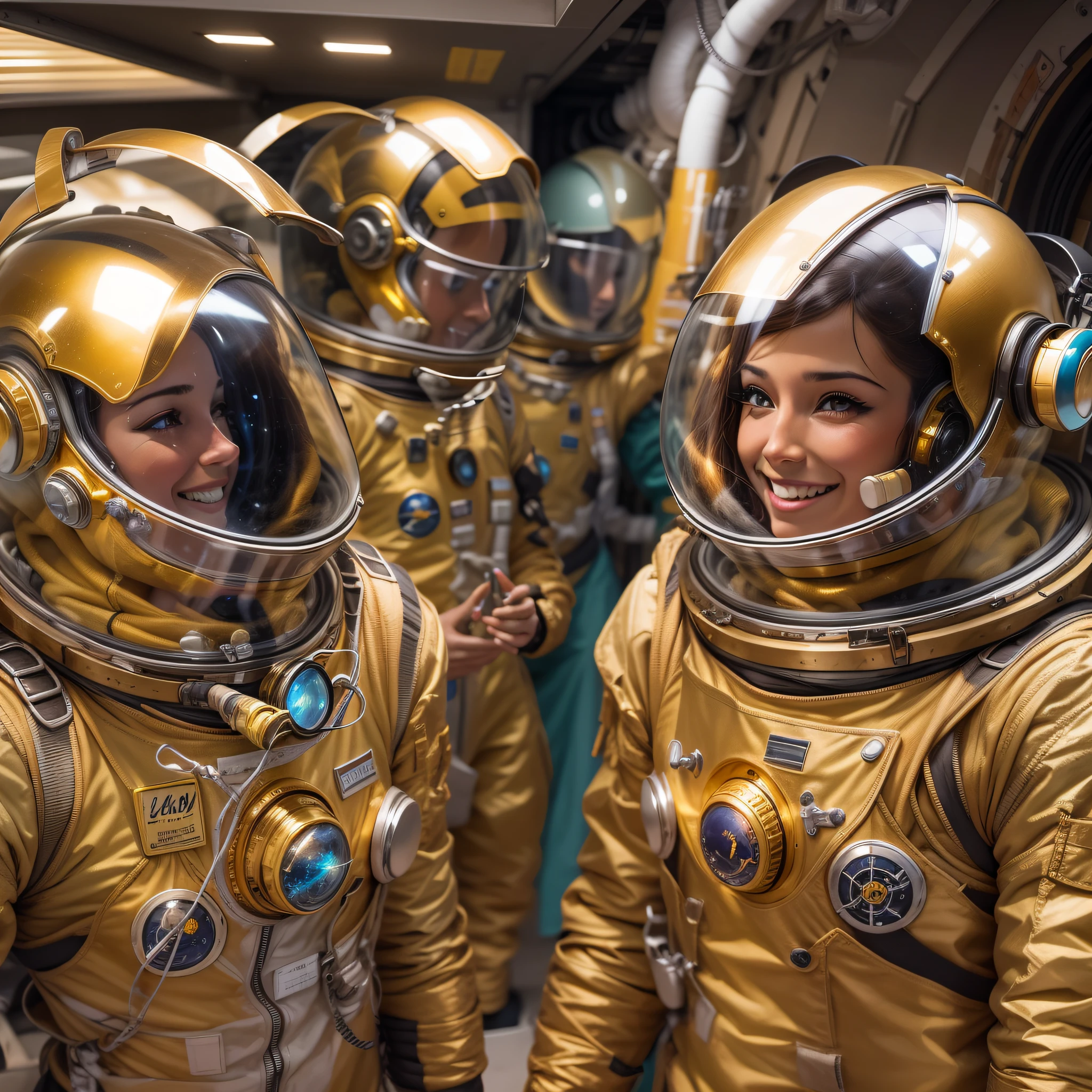 seres alienigenas extraterrestres simpaticos y sonrientes, con uniforme de astronautas color plata , oro y bronce. en cabina voladora de gran tecnologia.