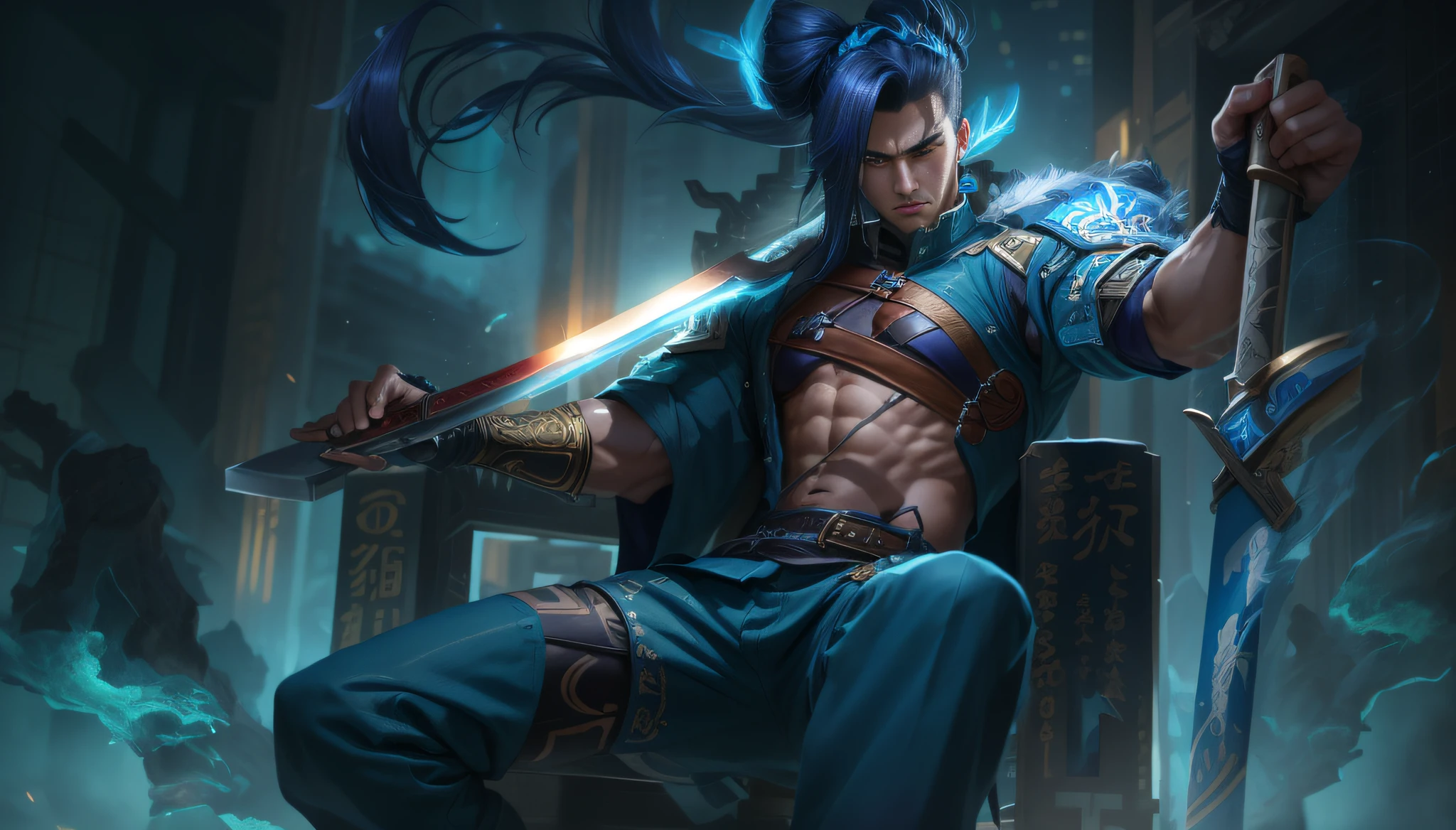 Yasuo stands tall and proud, exuding a sense of strength and confidence. He has a well-defined and athletic build, highlighting his prowess as a swordsman. His facial features are sharp and chiseled, conveying a sense of determination and intensity.
Yasuo's most distinctive feature is his long, flowing black hair, which reaches down to his mid-back. The hair is voluminous and often seen swaying with his movements, adding to his dynamic and agile nature. It is usually tied up in a loose topknot, with a few strands hanging freely around his face.
His piercing eyes are a vibrant shade of blue, reflecting his focused and unwavering gaze. They are often narrowed, indicating his constant vigilance and readiness for combat. Yasuo's eyebrows are strong and defined, further emphasizing his fierce and resolute expression.
He wears a traditional samurai-inspired attire, consisting of loose-fitting, dark-blue hakama pants that taper at the ankles. The pants are accompanied by a pair of sturdy black boots, designed for mobility and combat. Yasuo's upper body is adorned with a sleeveless, white tunic, which showcases his well-defined musculature.
Over his tunic, Yasuo wears a brown, sleeveless jacket with intricate gold embroidery and crimson accents, symbolizing his status as a skilled warrior. The jacket features a high collar that extends up to cover the lower half of his face, leaving only his eyes and mouth visible. It is open at the front, allowing freedom of movement during battle.
Yasuo's arms are protected by forearm guards, made of durable black leather, that wrap around his forearms. These guards provide both defense and flexibility, enabling swift and precise sword strikes. He also wears fingerless gloves, enhancing his grip on his weapon.
Finally, Yasuo wields his iconic weapon, a unique and ornate steel katana named "Yasuo's Blade" or "The Unforgiven." The blade is long and slender, adorned with intricate engravings and a tsuba (guard) featuring a wind symbol,