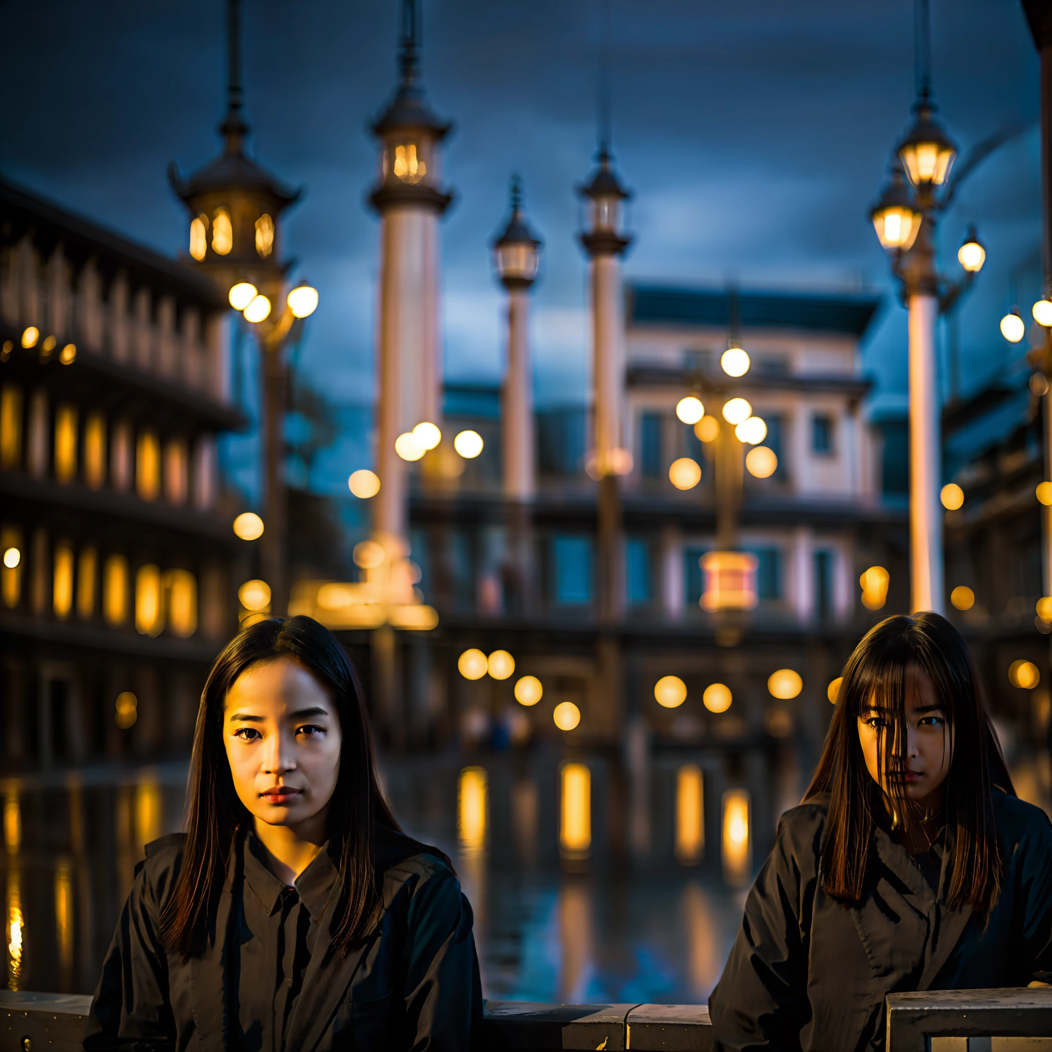 Hay dos mujeres sentadas en un banco con su equipaje, photography shot at blue hour, Toma de retrato, Imagen tomada con Canon EOS R5, Imagen tomada con Canon EOS R 5, Ominous beautiful mood, por Fei Danxu, haunted and sad expression, Chica bajo linterna, en una plaza de la ciudad, dramatic portraiture of uuen, Light and cinematographic reflections, por Bernardino Mei