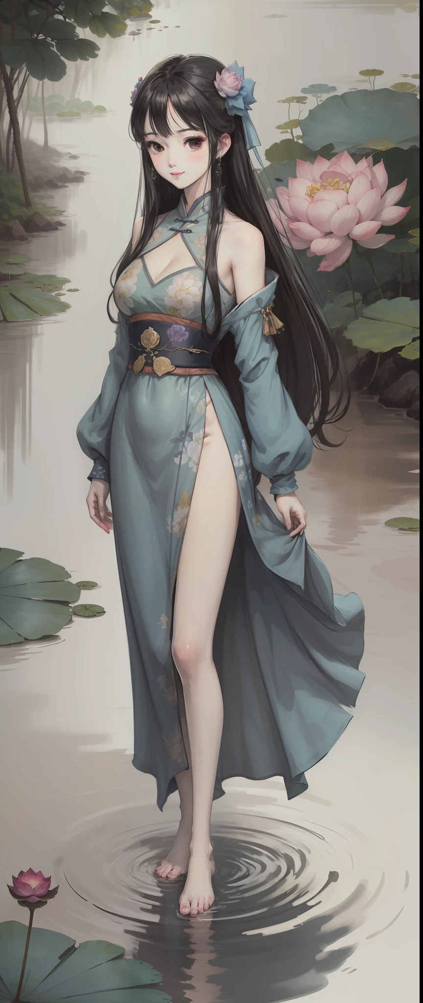 ((4K,Masterpiece,Best quality)), shuimobysim, Traditional Chinese painting, lotus flower, Hanfu, maxikit, Dress conservatively 1girl, Solo, Blue long hair, ssmile, standing on your feet, feet in water, The barefoot,