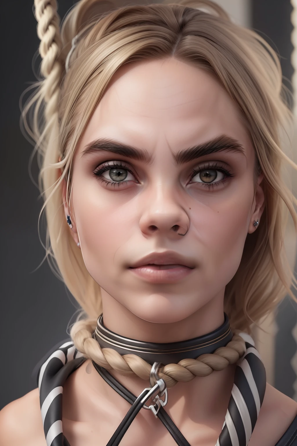 (((Cara Delevingne steht auf einem dunklen Heuboden)), ((the arms are tied with a rope over the head)), (She wears black leather underwear), (kleiner Kopf), ((detailliertes Gesicht)), (fotorealistisch), (Raytracing), (scharfer Fokus), ((natural realistic skin texture)), detaillierte Lippen, (wild), ((wilde Haare)), ((bondage)), ((rope)) ((full body))