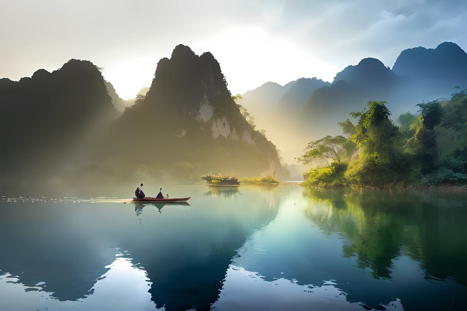 There's a man in a boat in the middle of a lake, jungles of vietnam beautiful, Vietname, em uma paisagem serena, karst landscape, Paisagem chinesa, bela paisagem serena, cena tranquila, paisagem serena, peaceful landscape, stunning scenery, natural landscape beauty, Laos, majestosa paisagem natural, incrivelmente bonito, in the early morning, Shutterstock, breathtaking landscapes