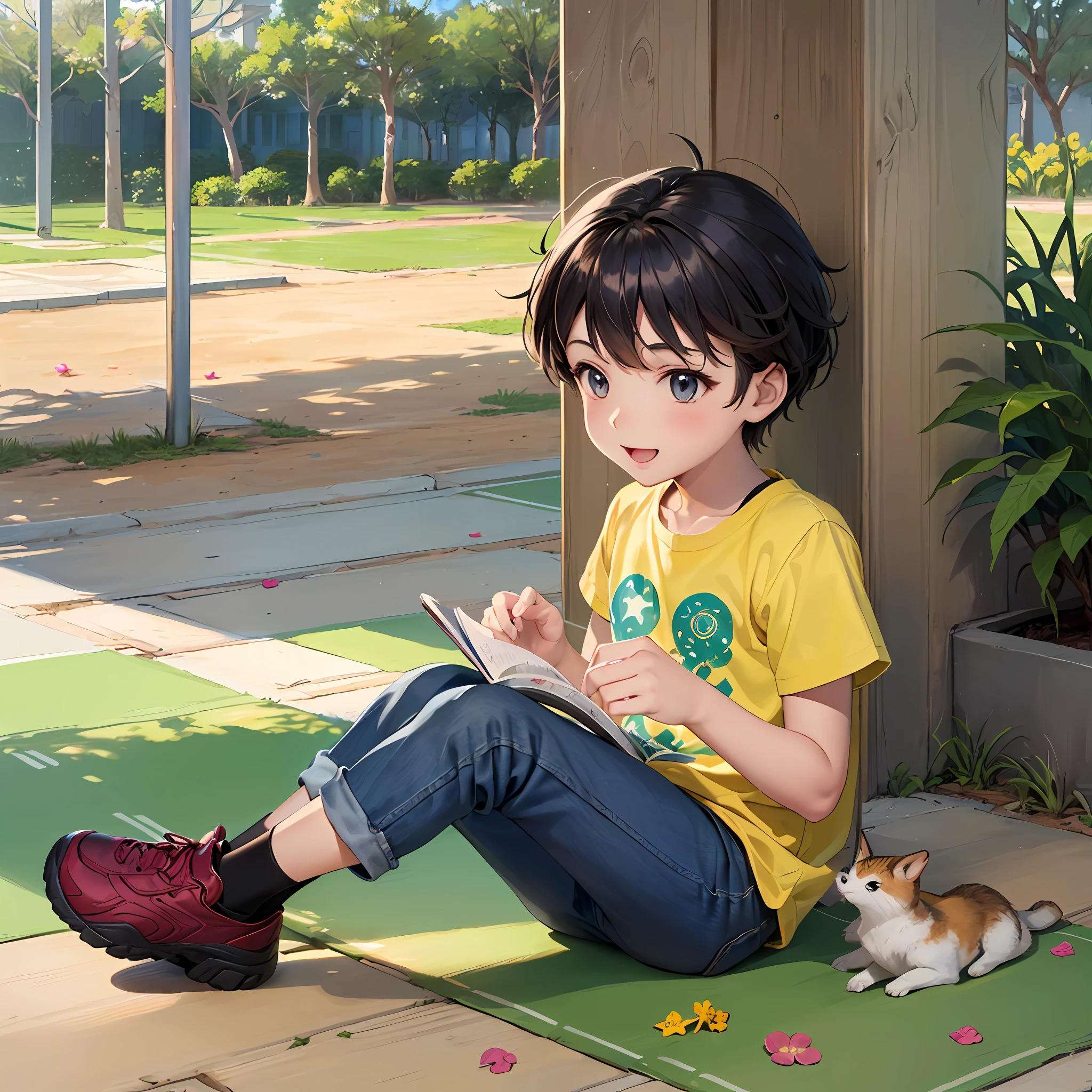 , parque da cidade, children's book ilustration style, simples, feliz, fofo, 7 anos, cores, cabelo castanho curto, cor lisa, camisa branca de manga curta, bermuda , black tennis,