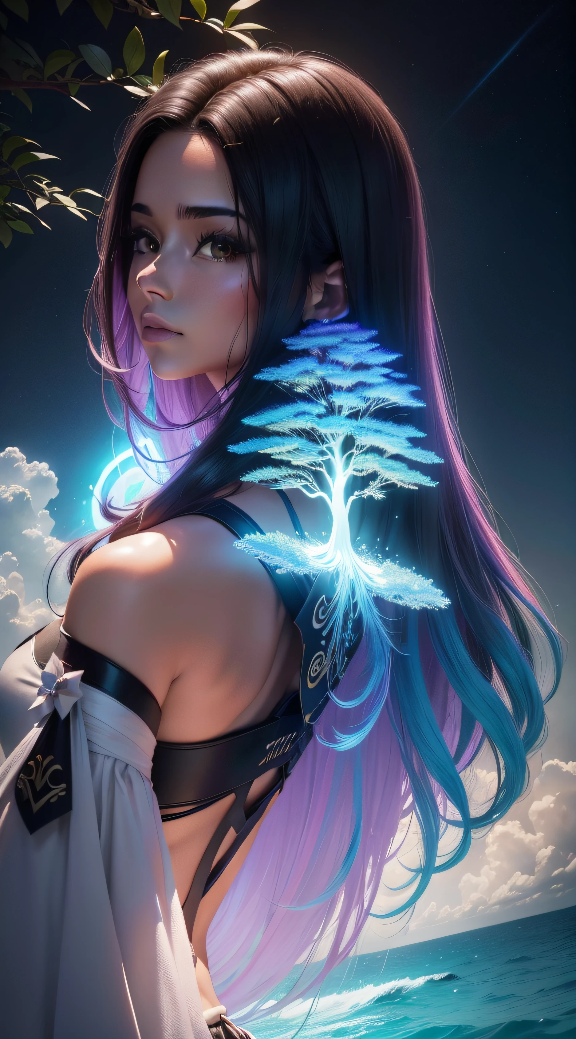 (extremamente detalhado CG unidade 8k papel de parede,master part, melhor qualidade, ultra-detalhado),(best ilumination, Melhor sombra, um extremamente delicado e bonito),floating,high saturation,[ :(a magic tree called EWA in an impressive and realistic cinematic style):1.5]