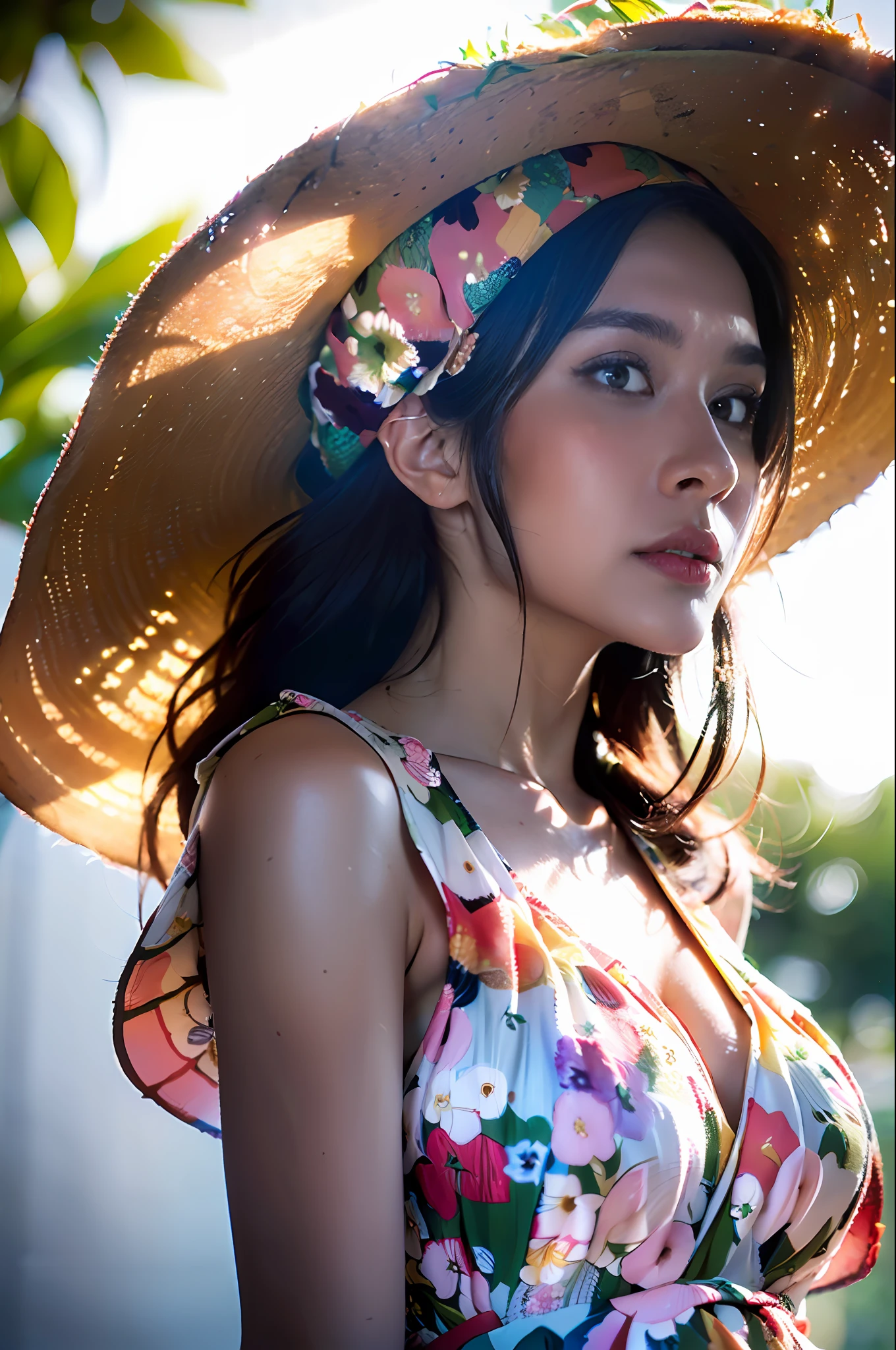 (1girl surrounded by soft_light:1.5), (backlighting:1.8), (lighting),(flowing fabric:1.3), ((Floral_summer_dress:1.5),(Straw_hat:1.3)),
(masterpiece), realistic, HDR, highly detailed, 8k, raw photo, ambient occlusion, natural, harmonious composition, warm tones, fine art photography,