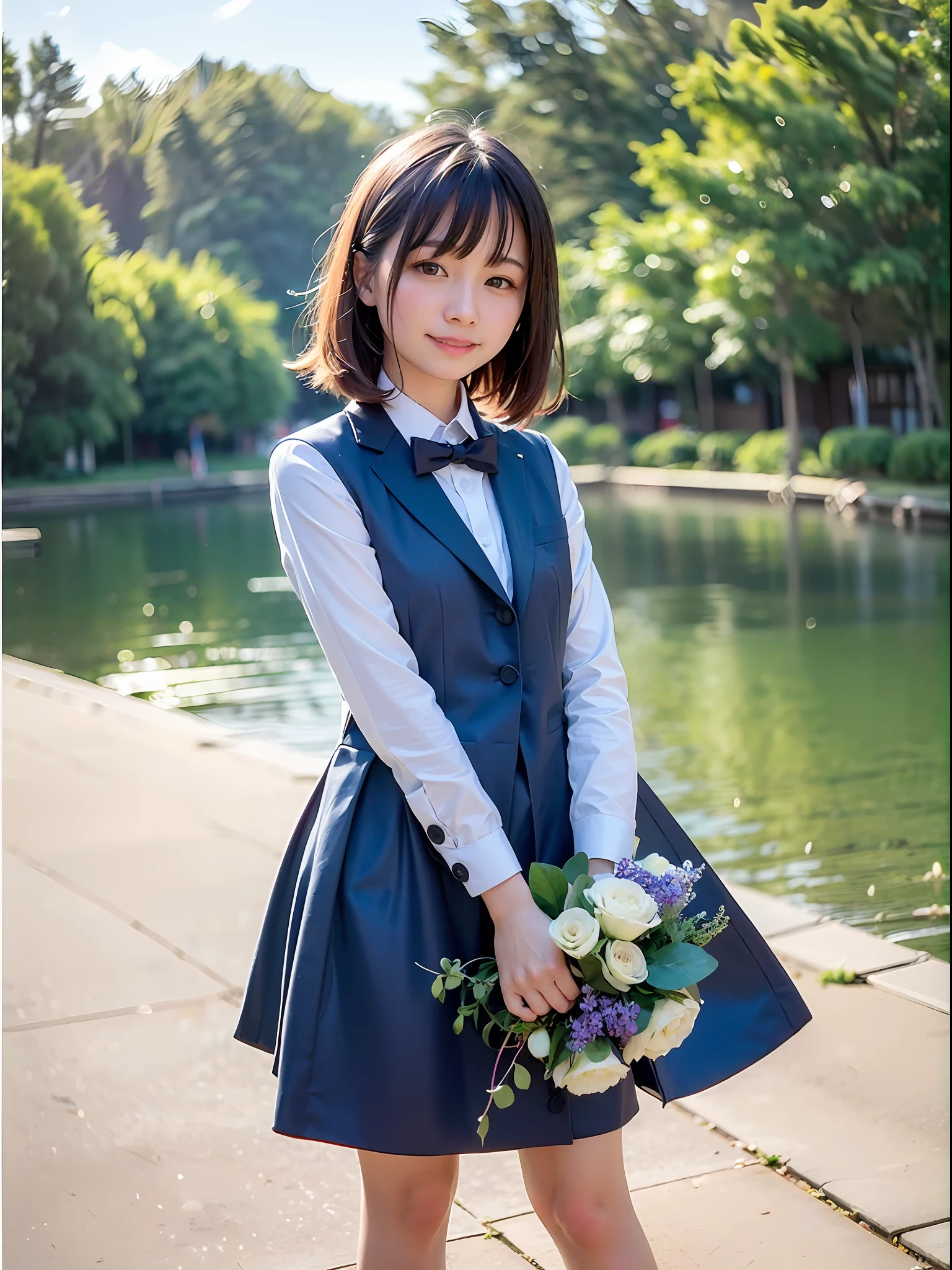(dynamicposes:1.4), (dynamic ungle:1.4), Romper (细致背景:1.4)、hyper detailed background、(Floating light blue clouds:1.4)、(study:1.4)、((top-quality、8K、masterpiece:1.3))、1girl in、A smile、full body Esbian、Slim Faces、Pretty women、(Silvery hair)、hyperdetailed face、A detailed eye、二重まぶた、blured background、Slim Faces、Cute、extremely delicate and beautiful girl、Happy smiling face、Overall、ultra-detailliert、4K、masutepiece、small mouth、Colossal tits、Cat's ears、((Two-piece suit)SKS Women Medium Shot Photo、Suits、vests、tailcoat:1.2)、(bob cuts、Bangs between the eyes:1.2)ultra-detailliert、4K、Small smiling mouth、low angles、a small face、holding a bouquet of flowers with both hands、