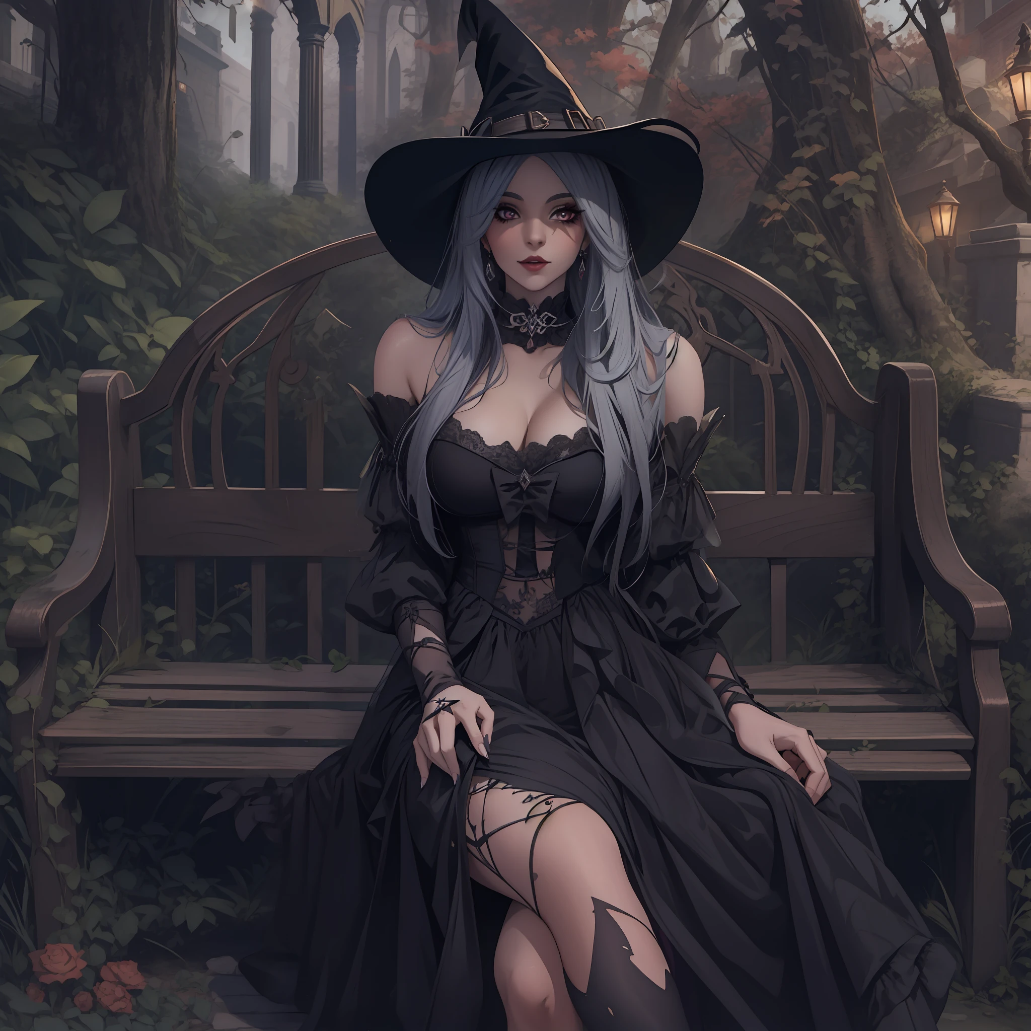 Witch sitting on a bench in a black dress and hat, uma bela feiticeira, feiticeira bonita, feiticeira bonita, beautiful witch female, bruxa feminina bonita, jessica nigri, classical witch, Witchy, bruxa cowboy bonita, Bruxa das Trevas, bruxa escura da moda, ****** necromancer bonita, bruxa castlevania, beautiful sorceress female