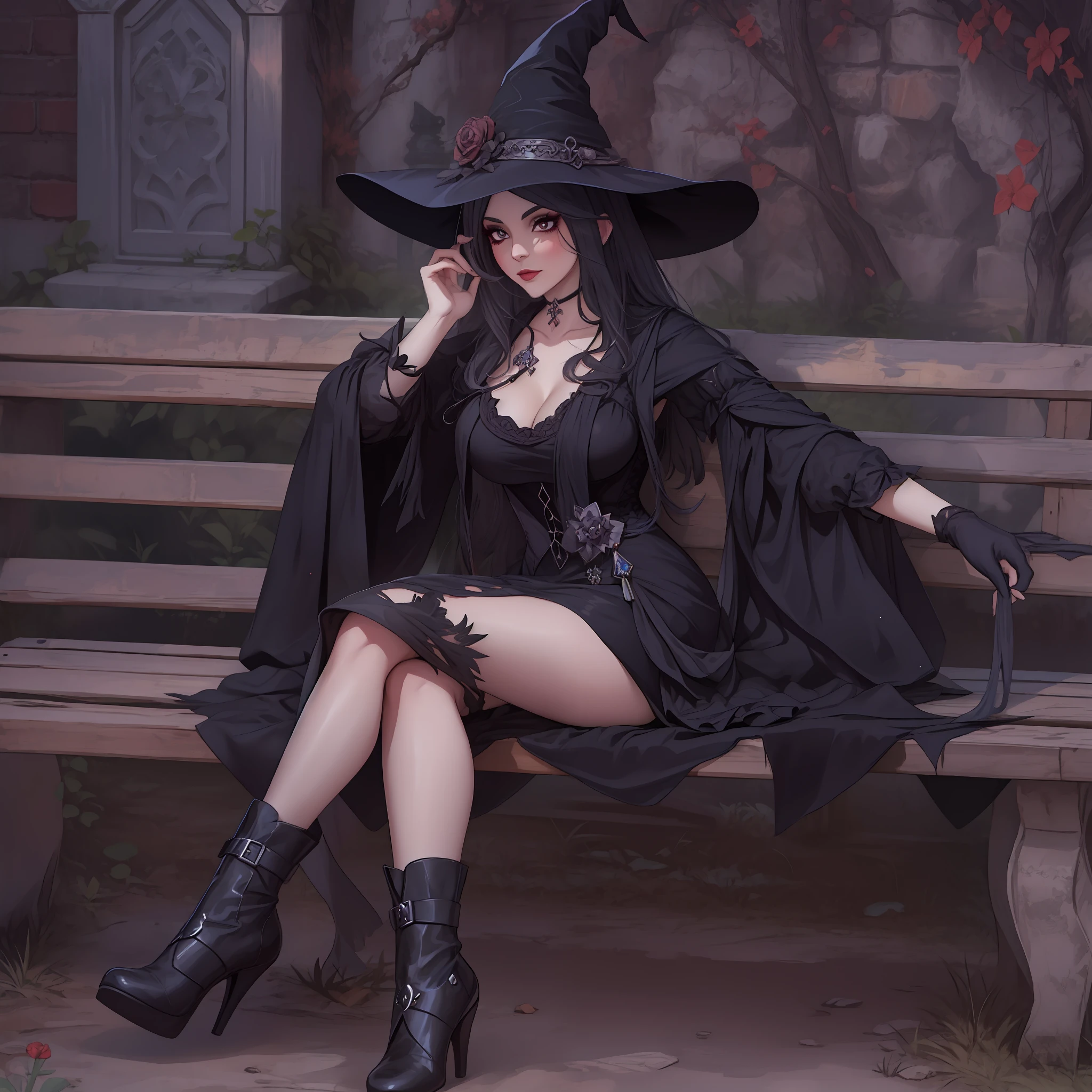 Witch sitting on a bench in a black dress and hat, uma bela feiticeira, feiticeira bonita, feiticeira bonita, beautiful witch female, bruxa feminina bonita, jessica nigri, classical witch, Witchy, bruxa cowboy bonita, Bruxa das Trevas, bruxa escura da moda, menina necromancer bonita, bruxa castlevania, beautiful sorceress female