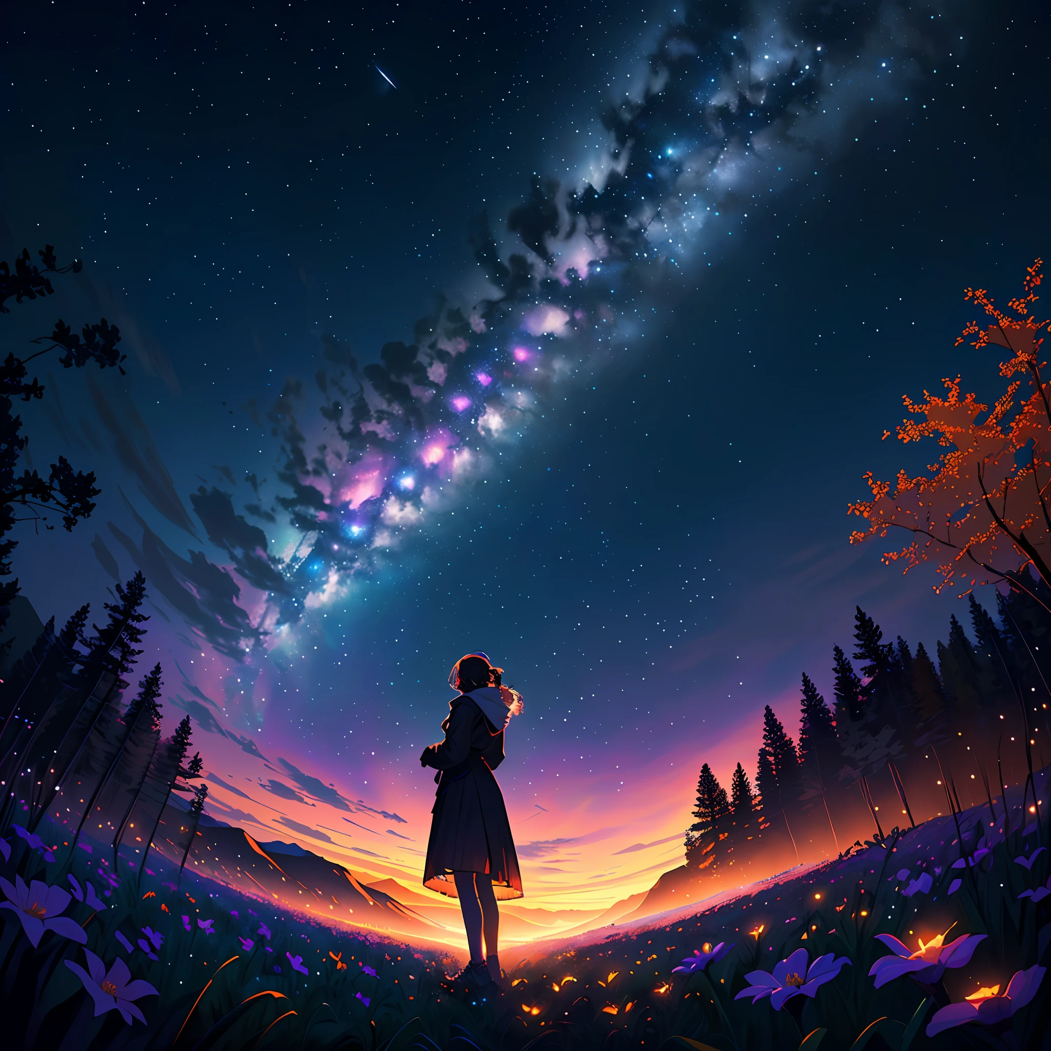 Vast landscape photo, (viewed from below, the sky is above and the open field is below), a girl standing on a flower field looking up, (full moon: 1.2), (meteor: 0.9), (nebula: 1.3), distant mountains , Trees BREAK Crafting Art, (Warm Light: 1.2), (Fireflies: 1.2), Lights, Lots of Purple and Orange, Intricate Details, Volumetric Lighting, Realism BREAK (Masterpiece: 1.2), (Best Quality), 4k, Ultra-Detailed, (Dynamic Composition: 1.4), Very Detailed, Colorful Details, (Rainbow Colors: 1.2), (Glow Lighting, Atmospheric Lighting), Dreamy, Magical, (Solo: 1.2)