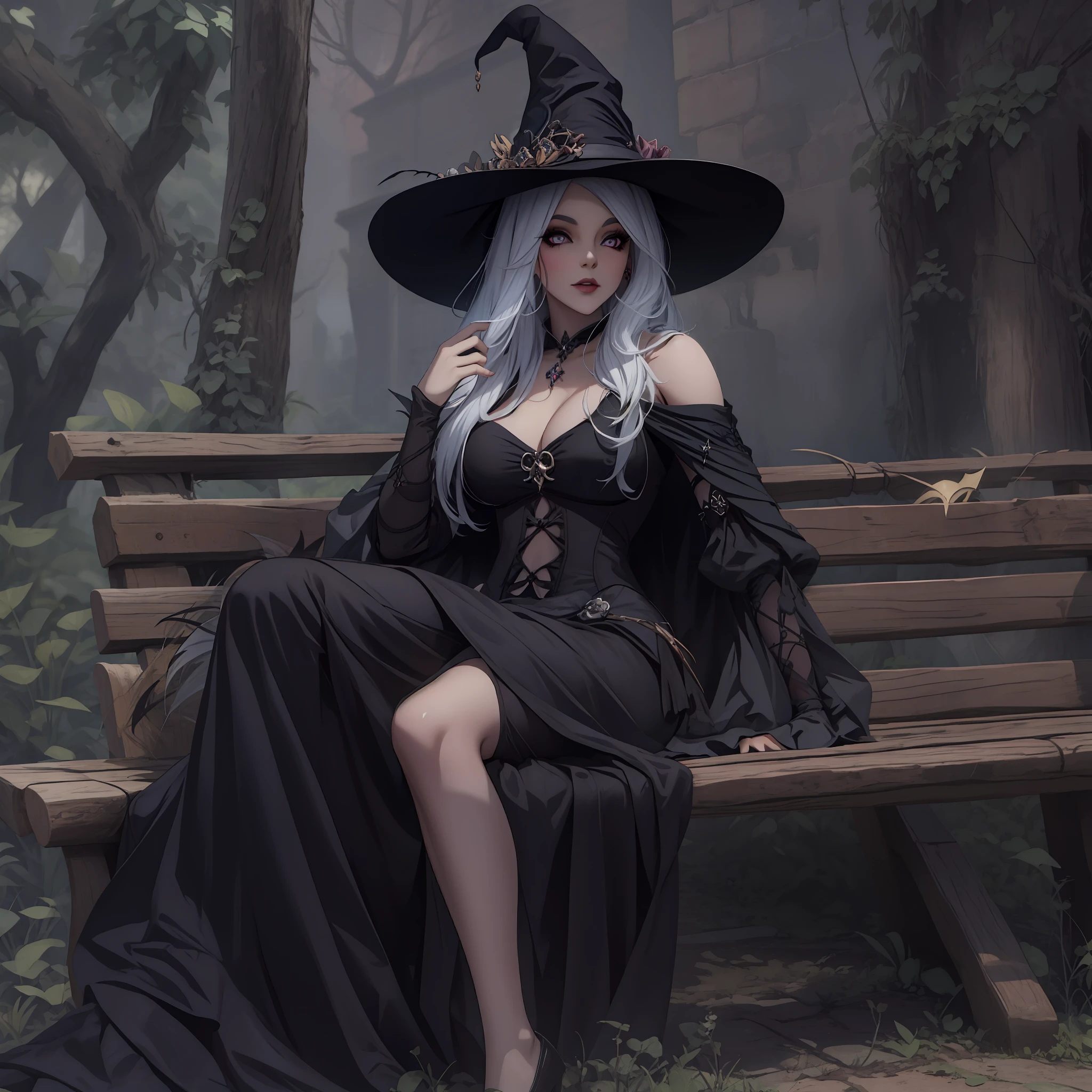 Witch sitting on a bench in a black dress and hat, uma bela feiticeira, feiticeira bonita, feiticeira bonita, beautiful witch female, bruxa feminina bonita, jessica nigri, classical witch, Witchy, bruxa cowboy bonita, Bruxa das Trevas, bruxa escura da moda,  necromancer bonita, bruxa castlevania, beautiful sorceress female