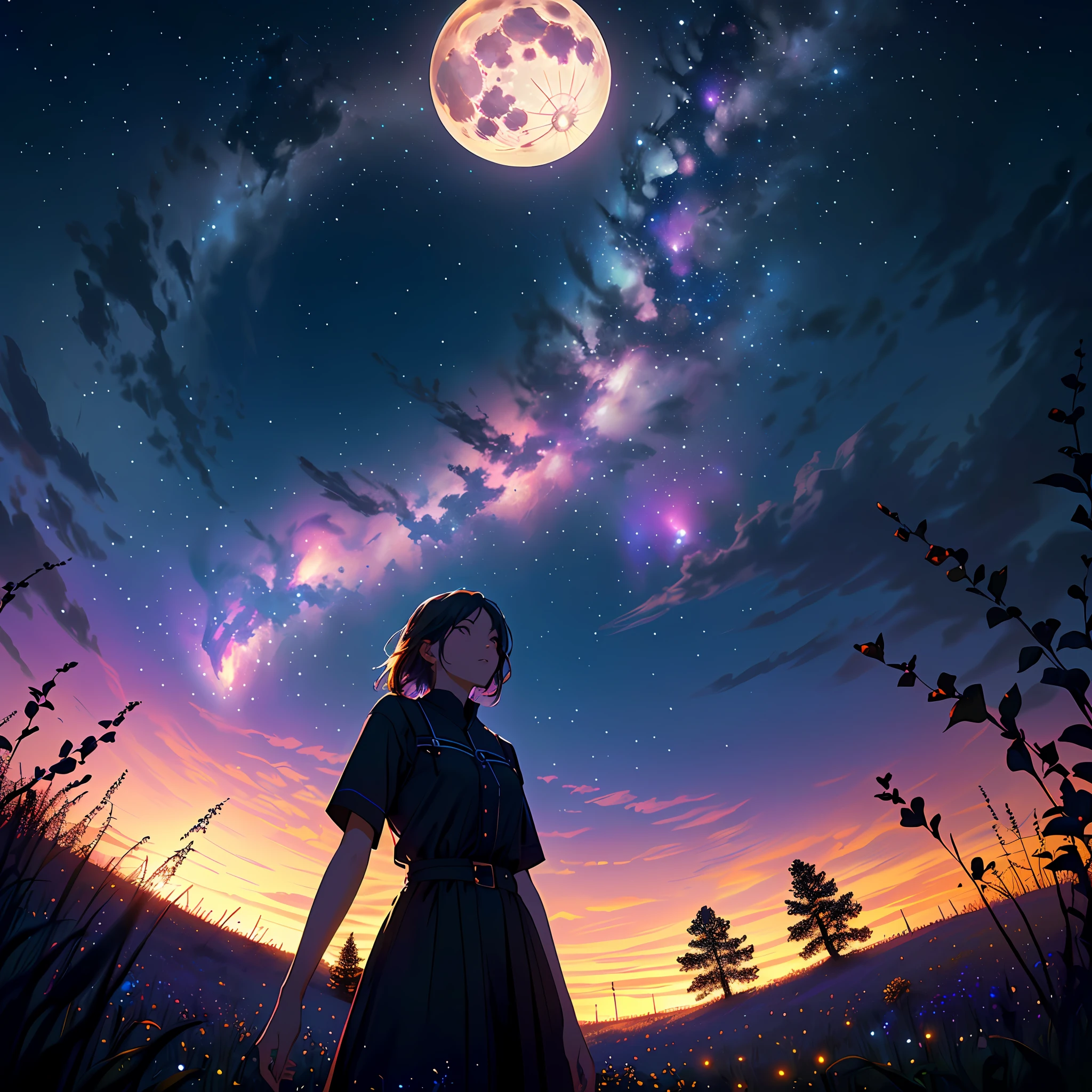 Vast landscape photo, (viewed from below, the sky is above and the open field is below), a girl standing on a flower field looking up, (full moon: 1.2), (meteor: 0.9), (nebula: 1.3), distant mountains , Trees BREAK Crafting Art, (Warm Light: 1.2), (Fireflies: 1.2), Lights, Lots of Purple and Orange, Intricate Details, Volumetric Lighting, Realism BREAK (Masterpiece: 1.2), (Best Quality), 4k, Ultra-Detailed, (Dynamic Composition: 1.4), Very Detailed, Colorful Details, (Rainbow Colors: 1.2), (Glow Lighting, Atmospheric Lighting), Dreamy, Magical, (Solo: 1.2)