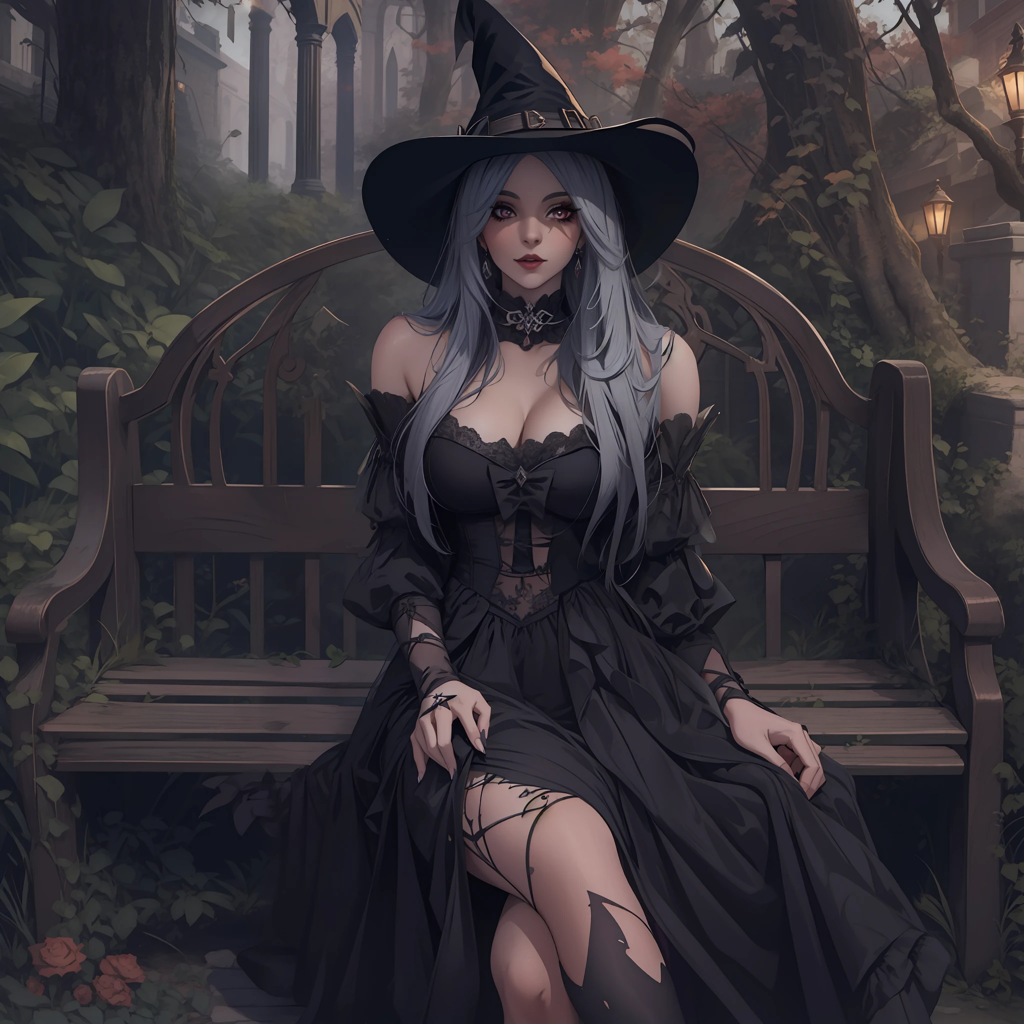 Witch sitting on a bench in a black dress and hat, uma bela feiticeira, feiticeira bonita, feiticeira bonita, beautiful witch female, bruxa feminina bonita, jessica nigri, classical witch, Witchy, bruxa cowboy bonita, Bruxa das Trevas, bruxa escura da moda, menina necromancer bonita, bruxa castlevania, beautiful sorceress female