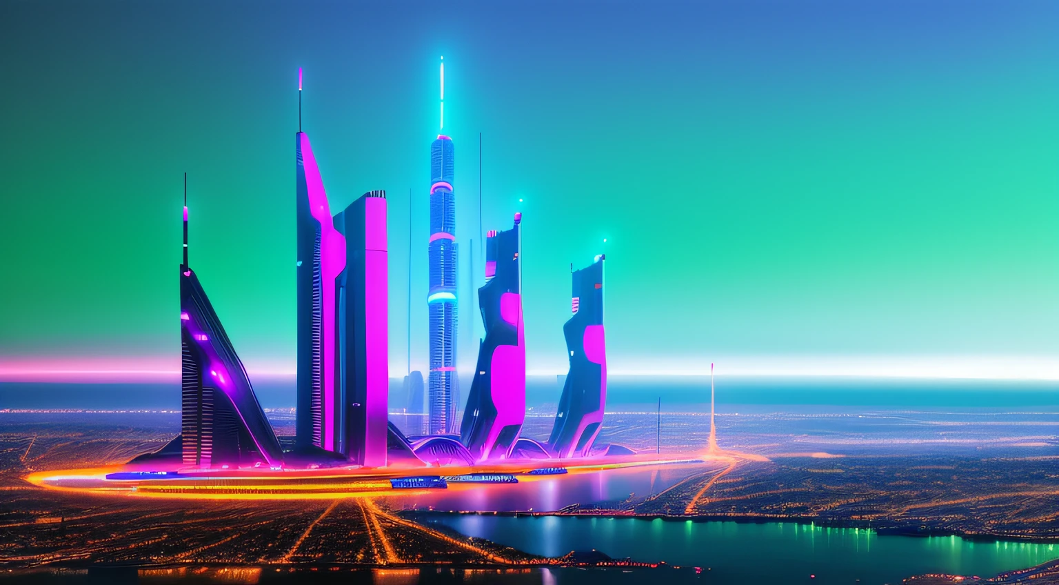 establishing shot of futuristic city by night, with neon lights