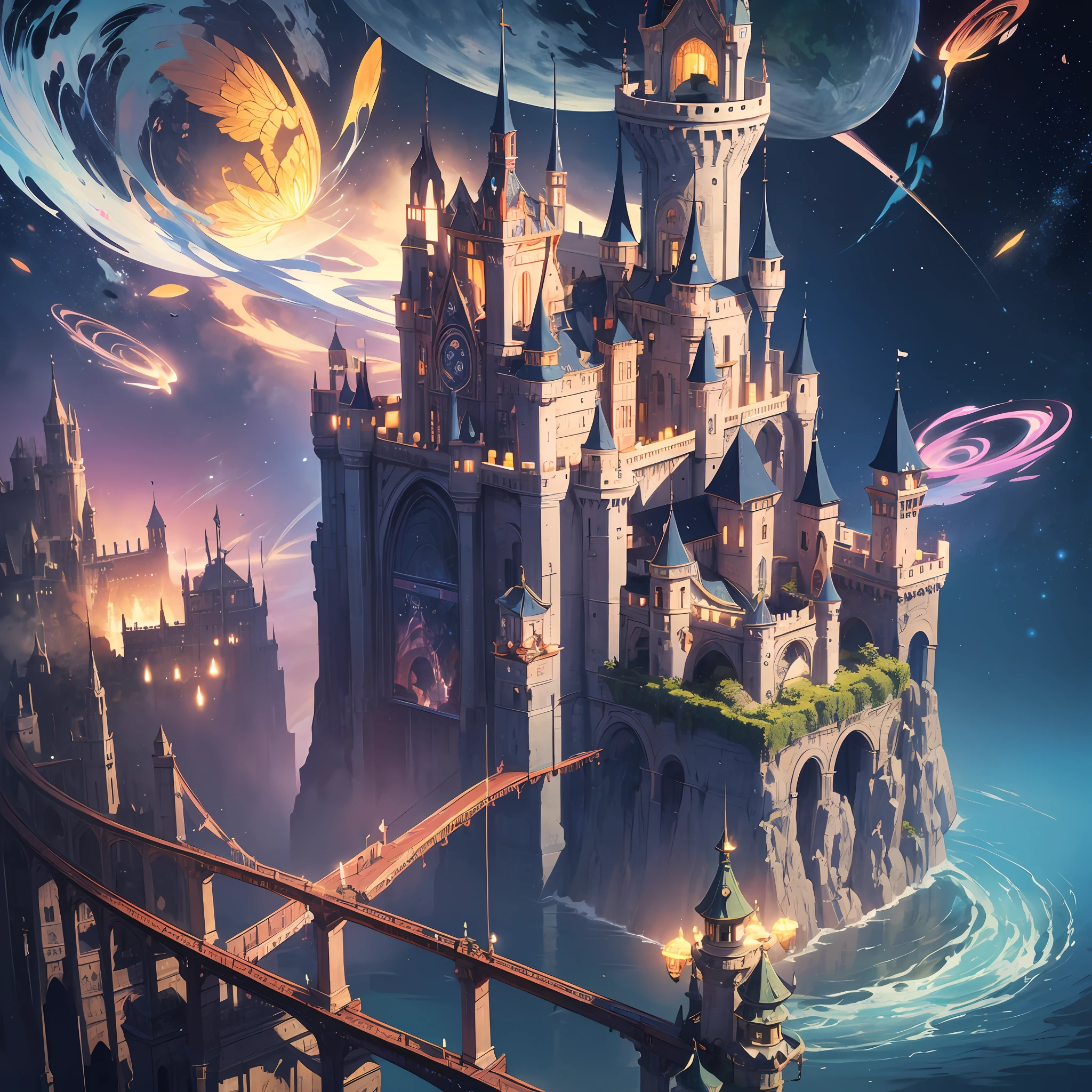Outrageous resolution、hight resolution、(​masterpiece:1.4)、ultra-detailliert、1 juvenile、Seen from above、spaces、floating、 、Floating castle、Light shines into the castle --v 6