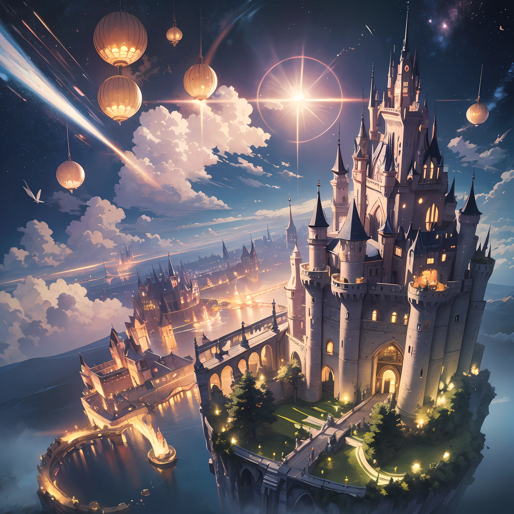 Outrageous resolution、hight resolution、(masterpiece:1.4)、ultra-detailliert、1 juvenile、Seen from above、spaces、floating、 、Floating castle、Light shines into the castle --v 6