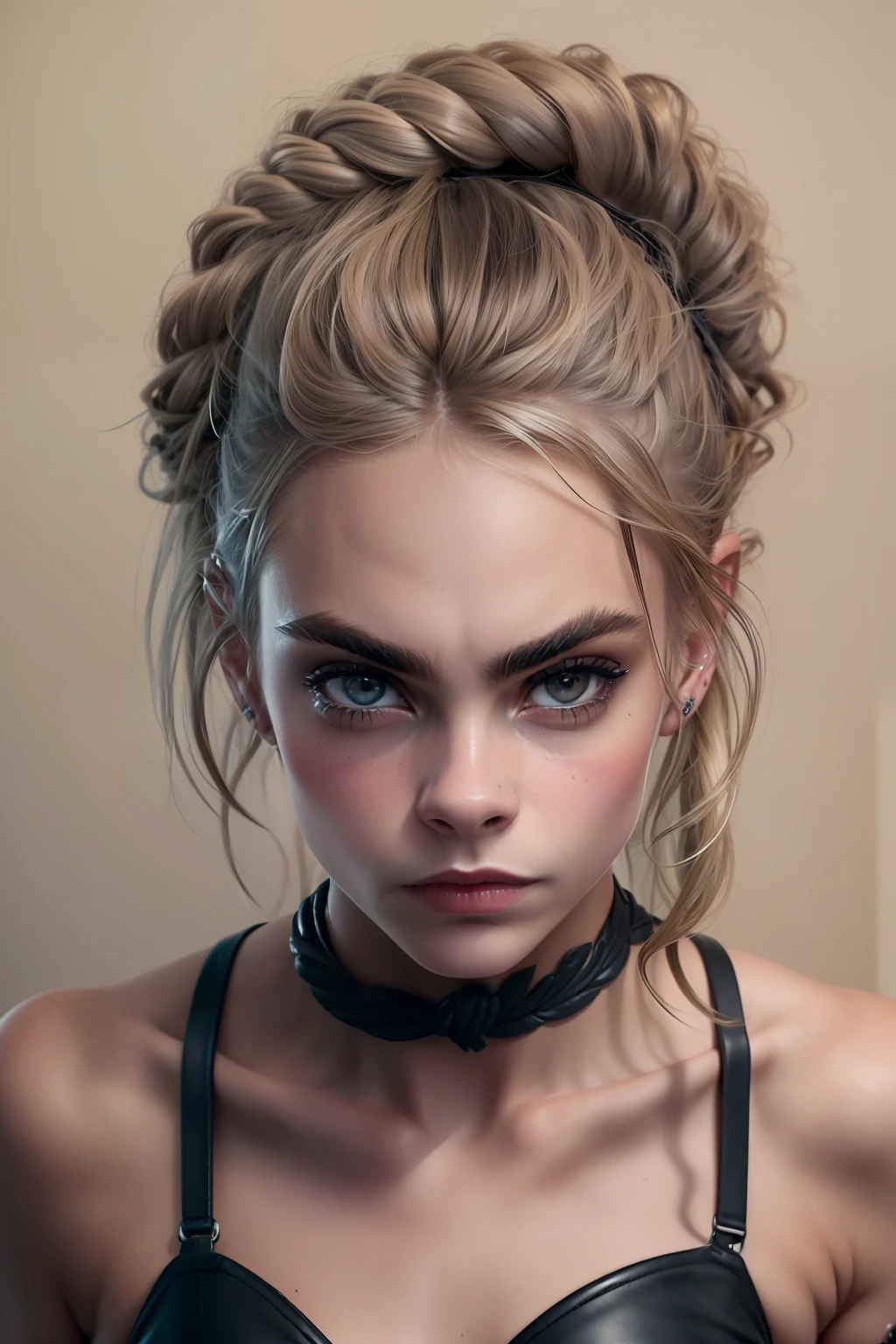 (((Cara Delevingne steht auf einem dunklen Heuboden)), ((the arms are tied with a rope over the head)), (She wears black leather underwear), (kleiner Kopf), ((detailliertes Gesicht)), (fotorealistisch), (Raytracing), (scharfer Fokus), ((natural realistic skin texture)), detaillierte Lippen, (wild), ((wilde Haare)), ((full body))
