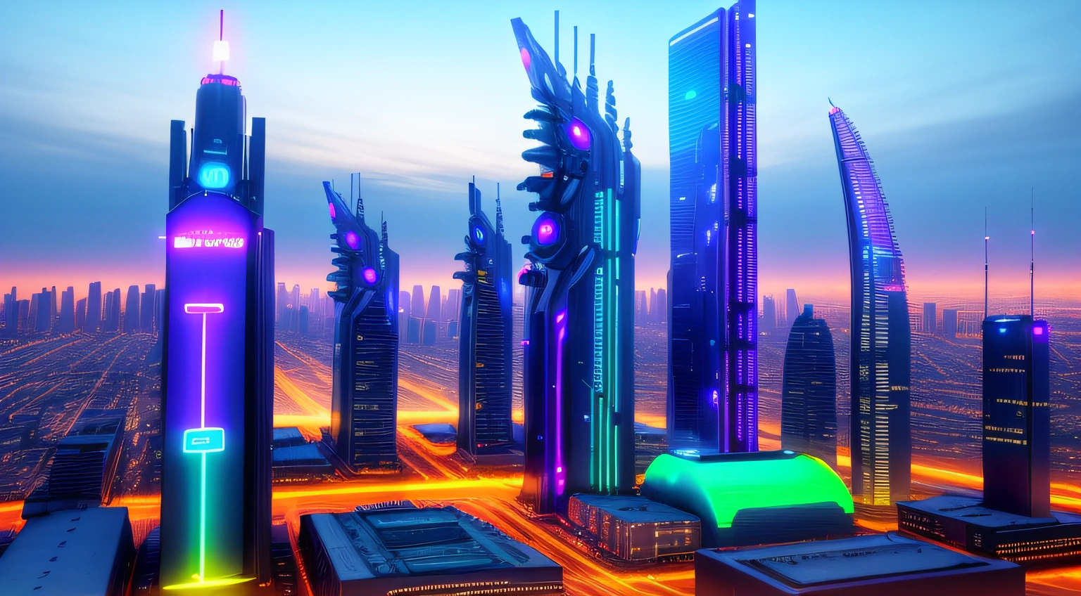 midshot of futuristic city by night, with neon lights