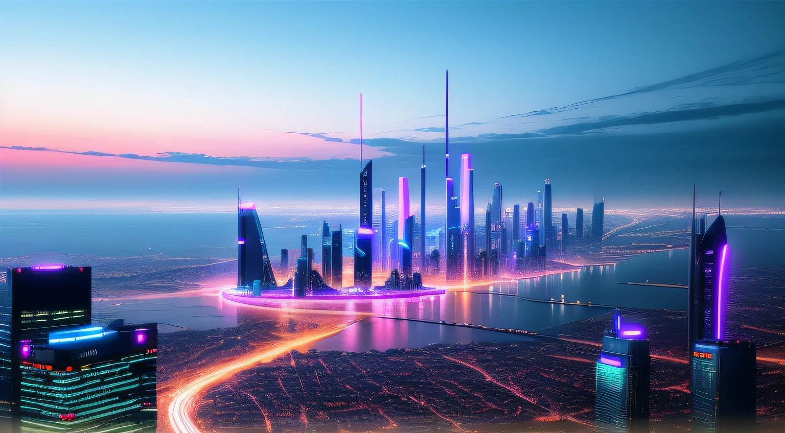 midshot of futuristic city by night, with neon lights