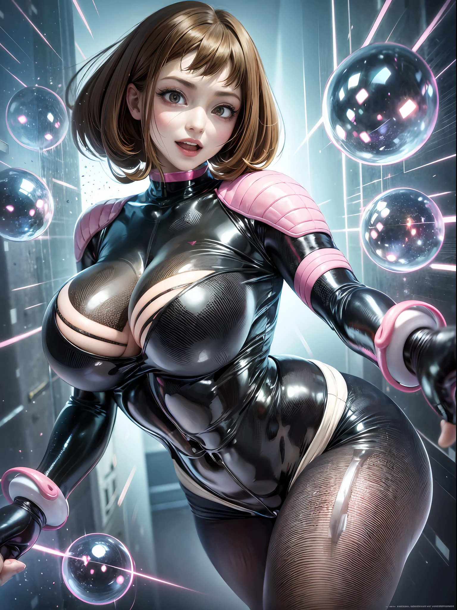 Photorealistic, Show from the hips to the shoulders, girl,Woman,Female, 年轻, 20 years old, beautiful detailed cold face, Seductive smile, beatiful detailed eyes, Log Cabage,bright skin, White skin, highleg, The specifics of the absurd, High Art, Ridiculous resolution, High resolution, (masutepiece:1.4), super detailed, 1 Awkward Girl, Smooth skin, shiny milky skin, Colossal tits, Big ass , venusbody, thick juicy thighs, 鎖骨, Cleavage Closed mouth, Cute face,Abs,( Muscular woman),  1girl in, Solo, masutepiece, Best Quality, hight resolution, hmochako, blush stickers, Short hair, medium breasts, Superhero, body suit, long boots, jump, Bound, Magic, Smile, Open mouth, skyporn, cloud, Magic huge, Huge ass, Pink body suit, White boots, Brown hair, (Torn clothes:1.2),