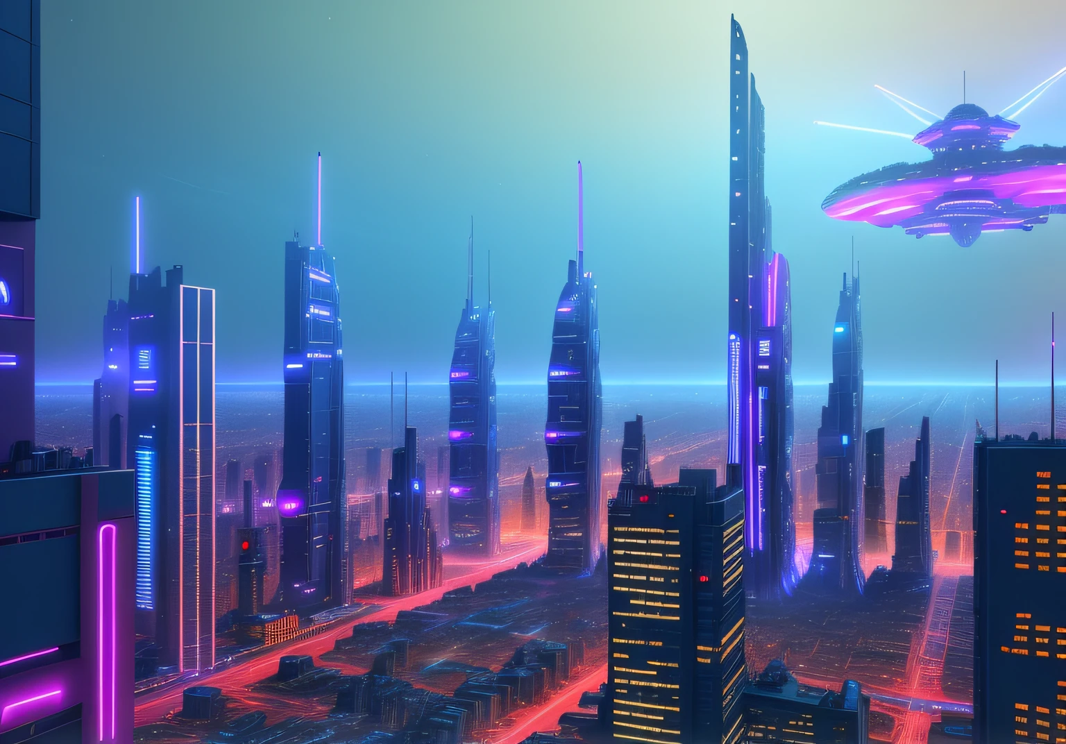 establishing shot of futuristic city by night, with neon lights, with spaceships flying around