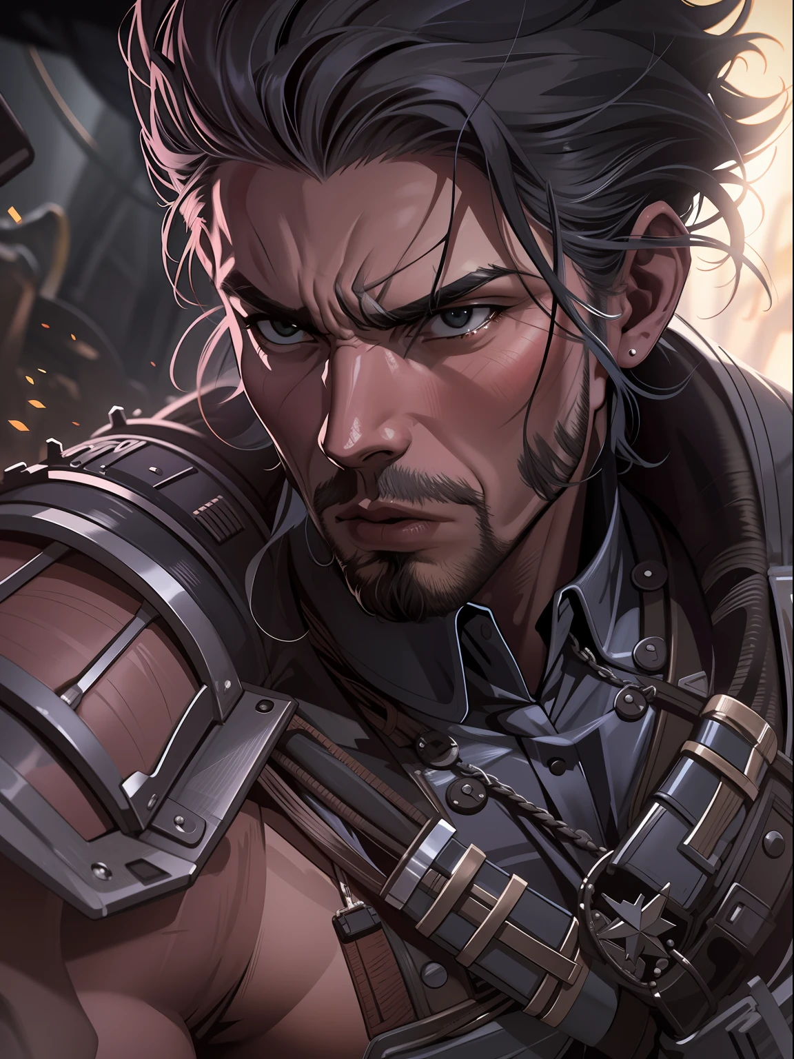 capa do jogo, um cara roqueiro de cabelos compridos o metaleiro, Intimidating expression, intensidade de close-up, master part, best quality, ultra-detalhado, Beautiful cinematic lighting, detalhes intrincados, Olhando para o Viewer, Profundidade de campo-AR 2:3-s 200