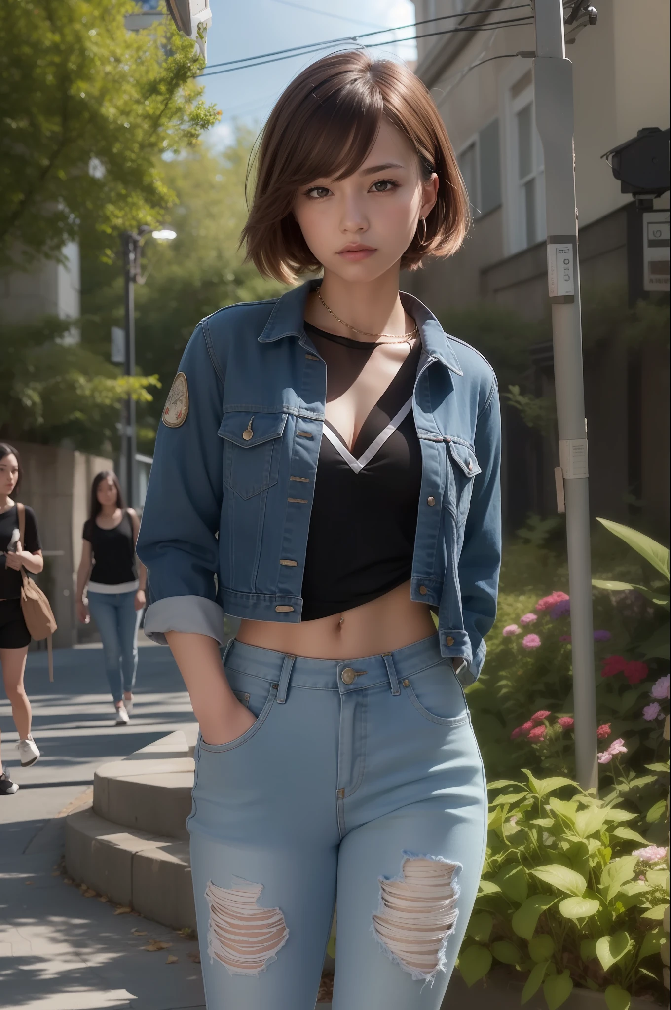 ((medium breast, tomboy girls, small head)), daylight, sunlight, (chiseled abs : 1.1), (perfect body : 1.1), (short wavy hair : 1.2) , auburn hair, collar, chain, full body shot, crowded street, wearing black tanktop, jeans jacket, ((shorts)), (extremely detailed CG 8k wallpaper), (an extremely delicate and beautiful), (masterpiece), (best quality:1.0), (ultra highres:1.0),  beautiful lighting ,perfect lightning, realistic shadows, [highres], detailed skin, ultra-detailed
