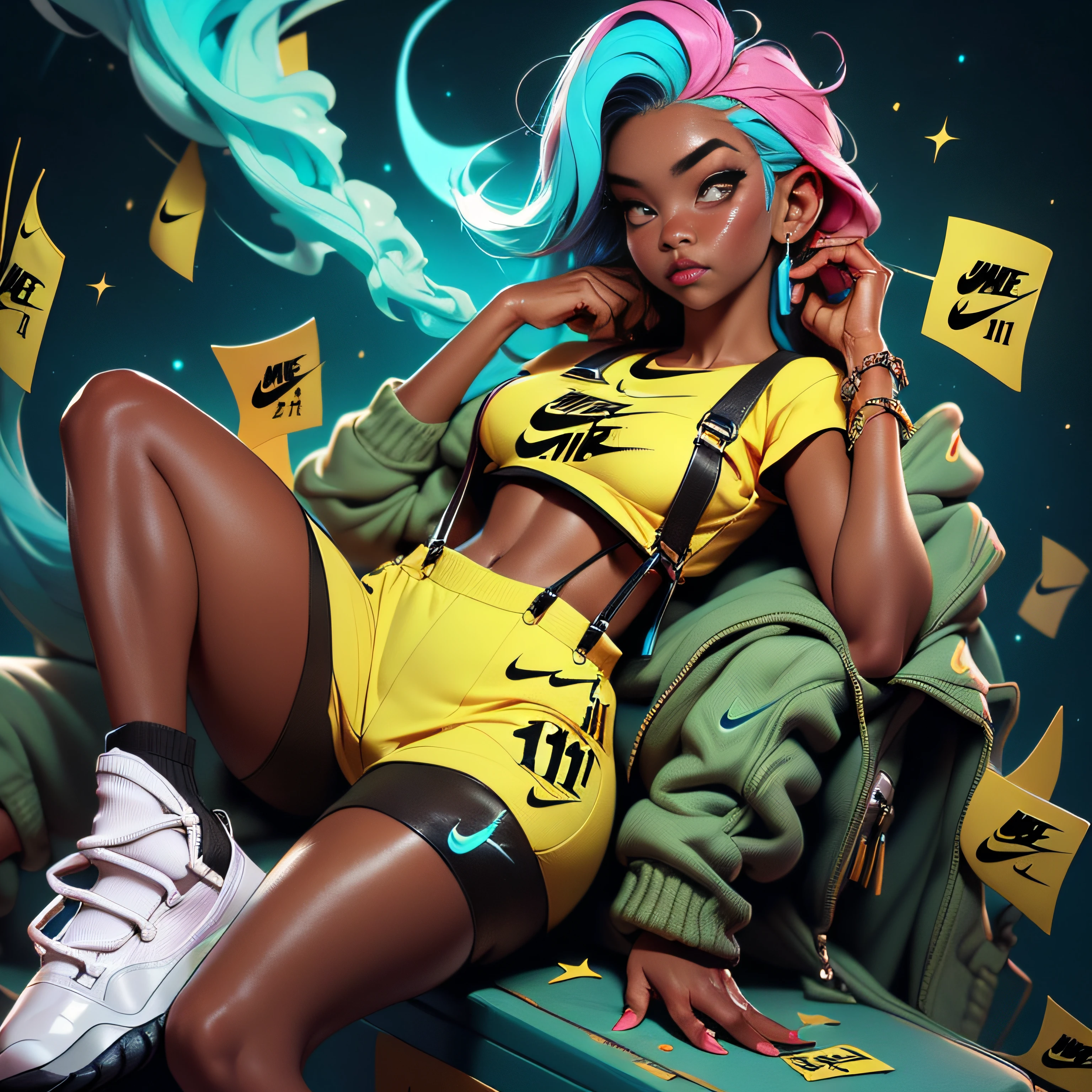 Croud of sexy Girls giving man a Lap dance 22 year old females with dark skin, Nike sweatsuits , (Nike sweatsuits:1.5), abstract colorful smoke design on cloths, seductive look, looking at camera, chubby 23 year old female with dark skin, Braided 3 different colors neon Pink and Neon Green, contrasting color hair, white overalls, (Crop top Sweatsuit overall suspenders:1.5), (Retro Air Jordan 11 Taxi sneakers:1.5), seductive look, Bioluminescent, City Girls, looking at camera, chubby, 1girl:1.2, body covered in Diamonds and Jewelry A Centerfold named Shauntice, Mixed Race instagram Biracial Ethnic Caremel skin-Mode:1.2, Streetwear Hypebeast supreme:1.3 \(brand\), words on body:1.1, Instagram Braid Artist instagram Hair stylist (1girl), 2 colored hair, (Nebula smoke behind head and eyes Ethereal:1.2, , Alberto Seveso, fantasy art:1.1, ((Fantasy background)) , long smoke hair:1.2, outdoors, aestheticism), (goosebumps:0.5), subsurface scattering, (masterpiece, top quality, best quality, official art, beautiful and aesthetic:1.2), extreme detailed, colorful, highest detailed