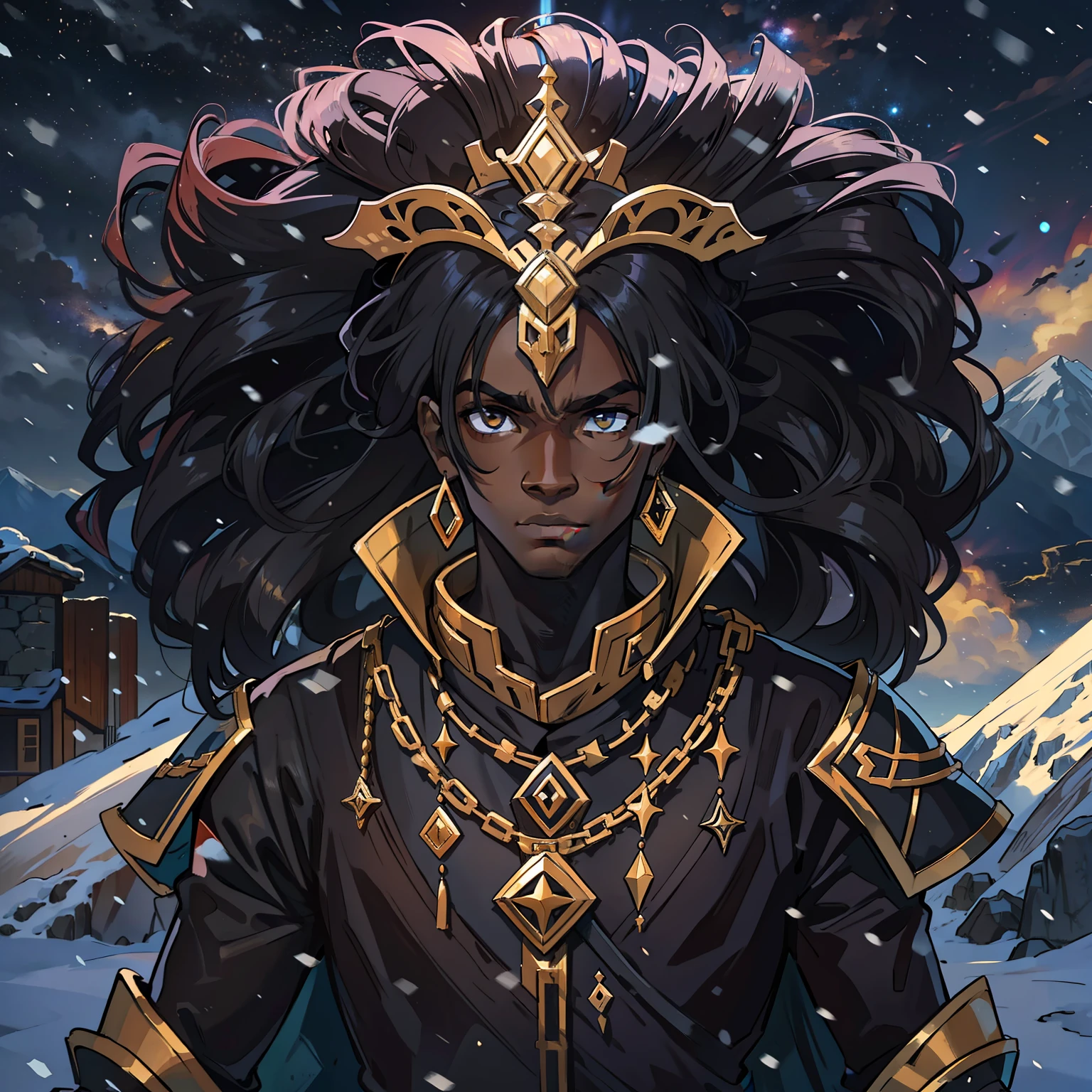 Um jovem negro de pele negra africana, Este homem usa um elegante manto preto, tem cabelos crespos cacheados encaracolados, cabelos castanhos cacheados, cabelos volumosos e cacheados, and has a pair of cat ears on his head, He's a hybrid, homem lince, mechas de cabelo dourado, cabelos castanhos e dourados, Confident-looking young man, uma arte medieval para RPG, africano jovem negro, He's in the middle of a dramatic snowstorm Snow everywhere Mountains on the horizon Dark sky with black clouds on top of the skies A big eye A cosmic deity