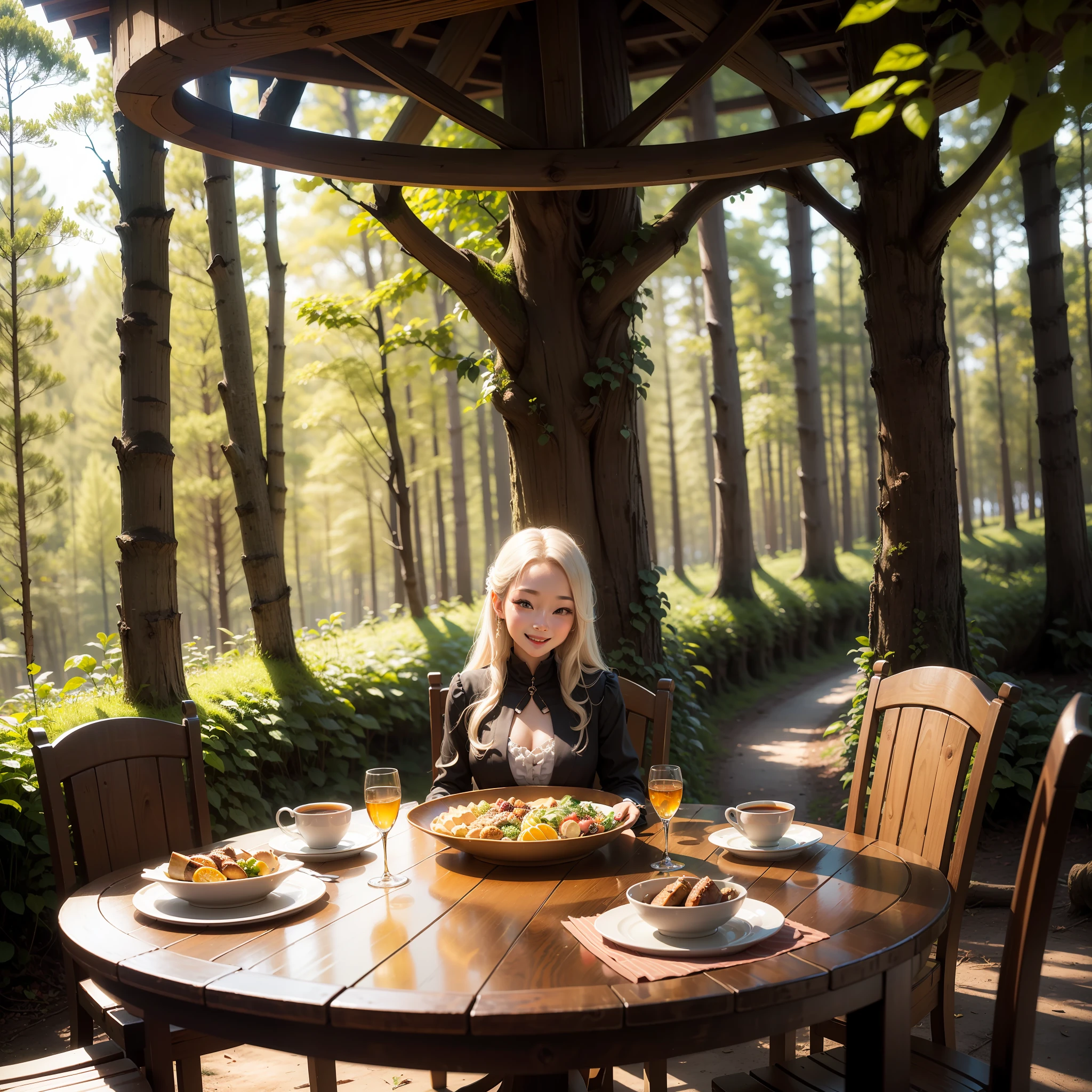 in woods、Animals、Table with tree trunks、Dining、a smile、fantasy-inspired --auto