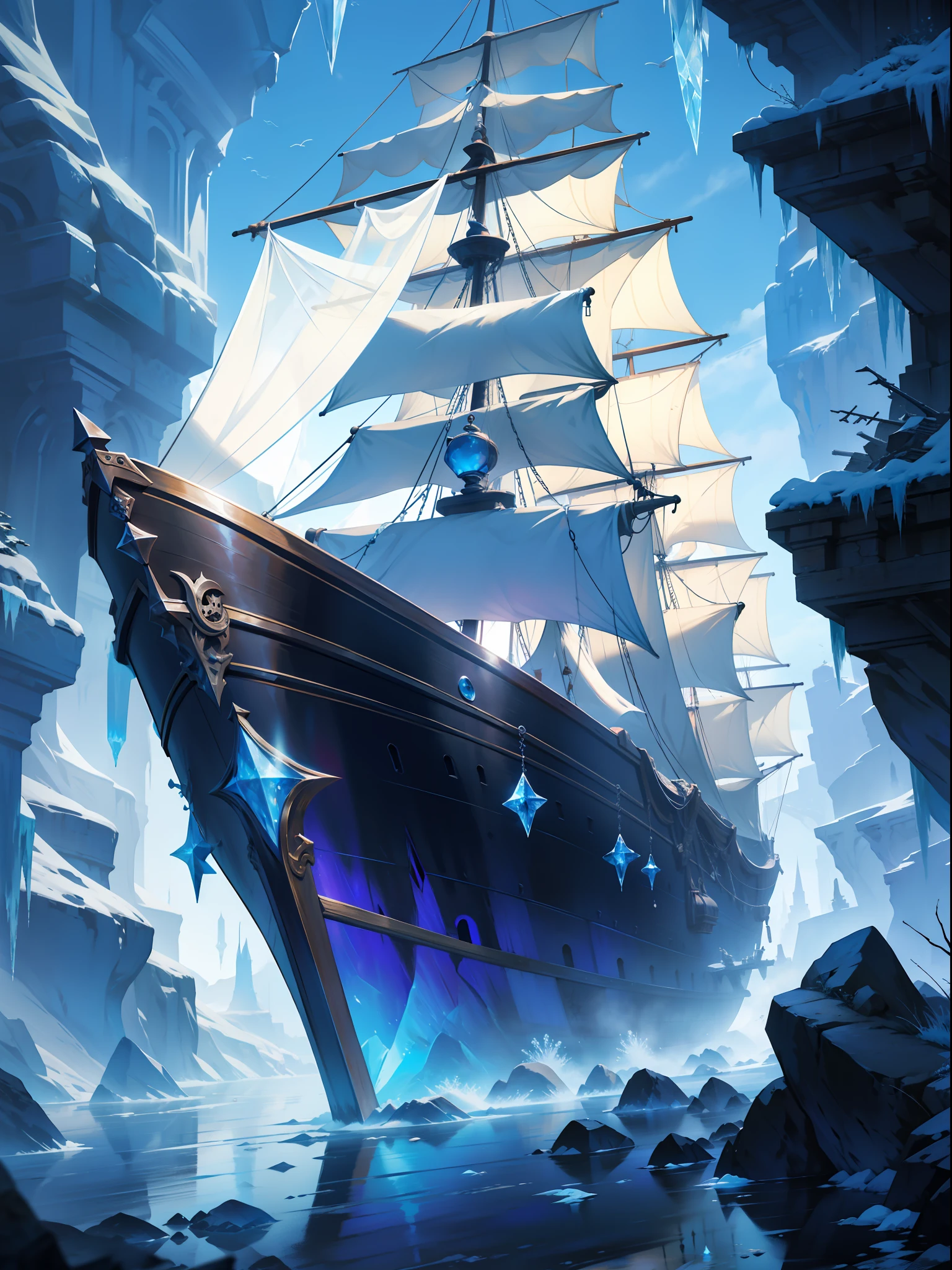"frozen pirate ship, translucent ice with crystals, frosty atmosphere, mesmerizing refraction