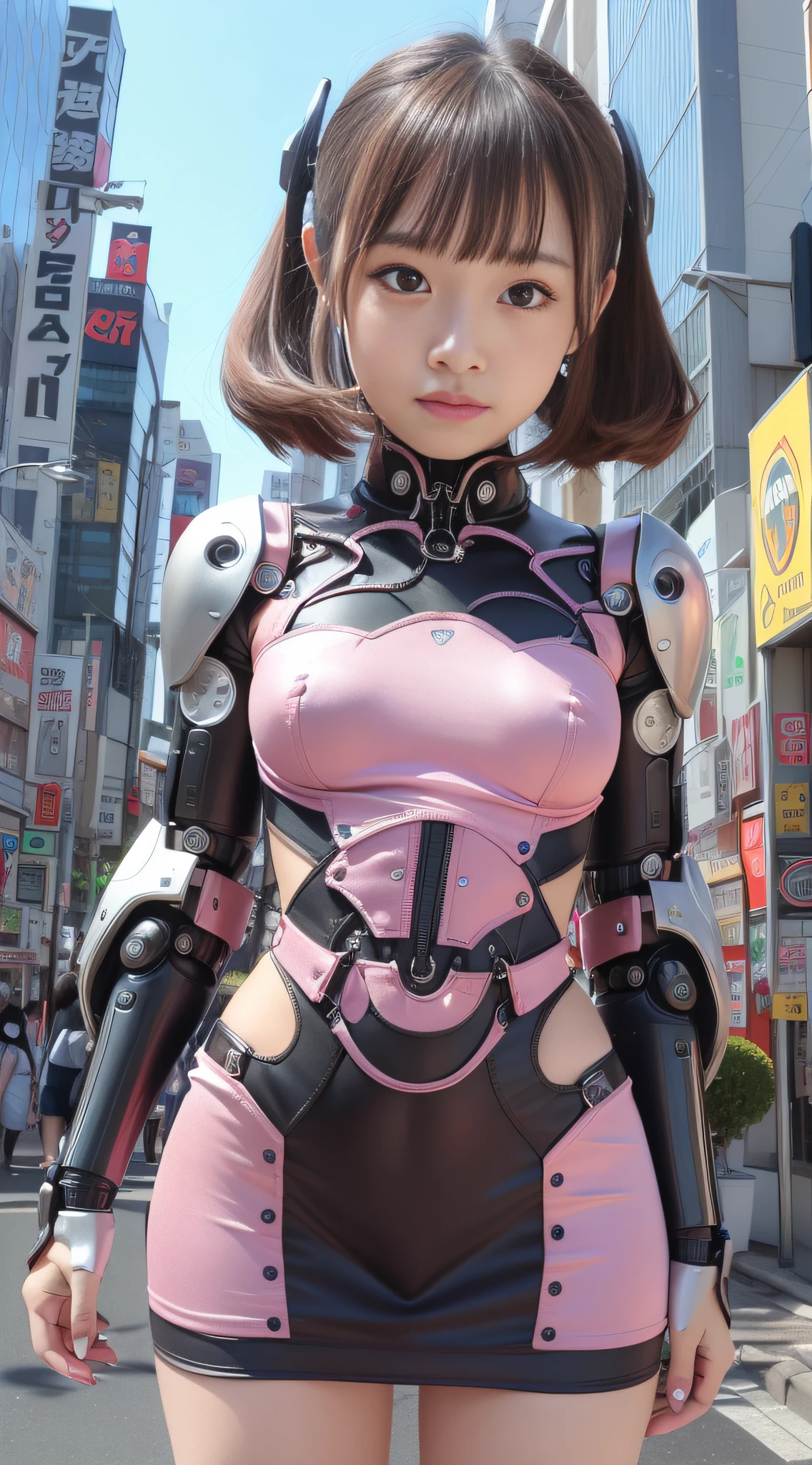 (Photorealsitic:1.4)、Onegirl、(top-quality),(hyperdetailed face)、(Super well-formed face)、((Robot Parts))、(Cyborg girl)、(Burgundy)、(Silver)、(metalic)、(fullllbody)、(Moe Pose)、(Slender body)、(tits out)、(Model body type)、(mecha exposure)、(akihabara)、(is looking at the camera)、(A dark-haired)、(９Head and body)、(a small face)、(Idol)、(front facing)、(is standing)、(Photo session)、(Looks sad)、(Cyborg girl in pink satin dress)、(sleeve less)、(a miniskirt)