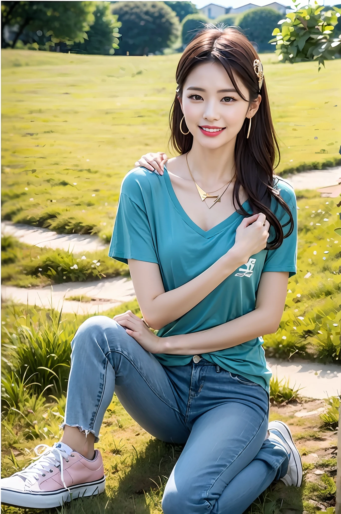 （RAW photogr，超高分辨率，tmasterpiece，best qualtiy：1.4），Complicated details，2 20 year old Korean girl，Wear a blue t-shirt and jeans from a fashion brand，Stand on the grass and take pictures，hugs，Intimate relationships，Detailed meadow，A sweet smile on a small face，The face and skin are pink and fair，Ultra-realistic facial details，Beautiful ribbons and hair accessories，Wearing a gold necklace，Playful and coquettish pose，The calves are straight and slender:1.5，Wear high-end branded colorful travel shoes:1.5，eventide，warm color，Broad lighting，naturalshadow，taking a full body photo:1.8