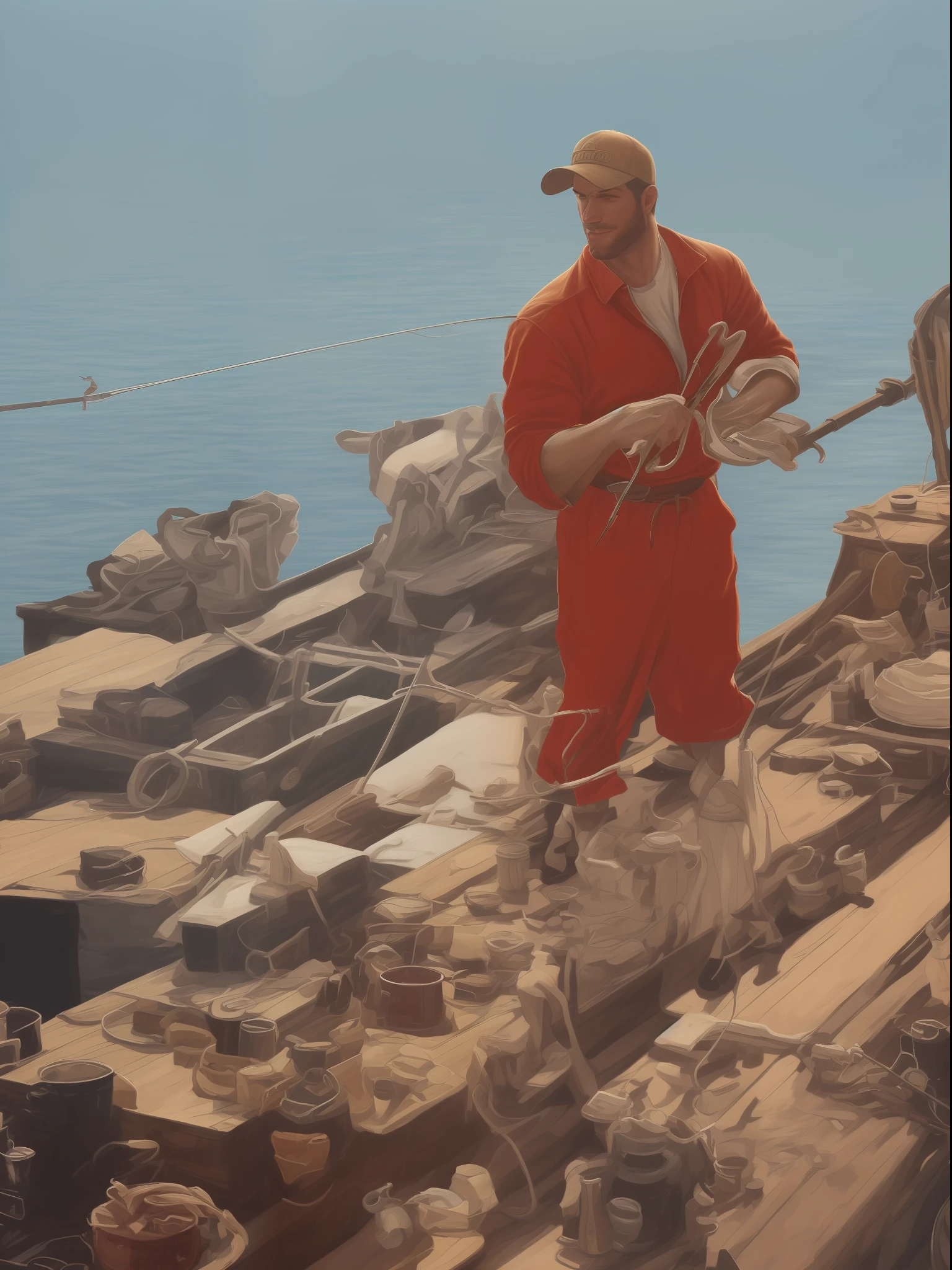 A painting of an insanely handsome 50s attractive fisherman by the ocean, full body, big beefy man, ripped checkered, exposed body, raunchy, toned body, beach, summer, sunny, soft lighting, muscular, extremely charming, kind smirk, dimple, fishing tools, boats, fish by Craig Mullins, Greg Rutkowski, painterly style, central composition, big nose, blonde hair, insanely handsome.