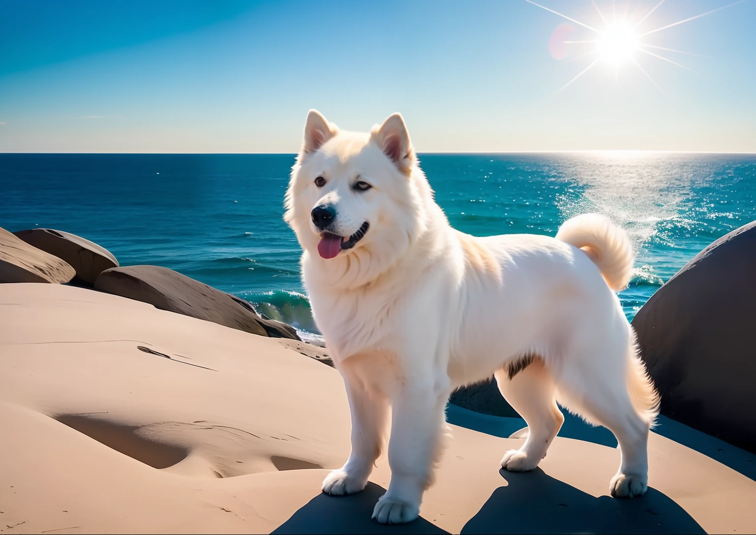 Cachorro sentado em frente ao por do sol na praia