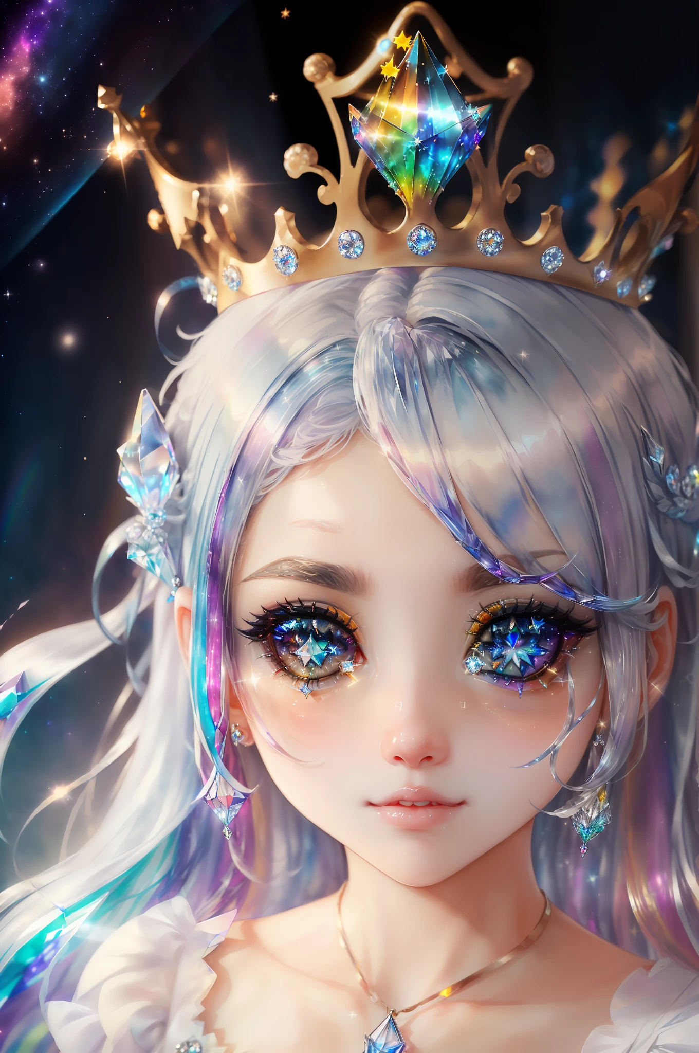 ((tmasterpiece、top-quality、water color art(Pendants)、offcial art、aestheticly pleasing:1.2))、(the golden ratio:1.2)、(full body Esbian:1.2)、(ultra - detailed:1.3)、(1girl in:1.3)、(Fractal art:1.3)、full body Esbian、((Glitter Pupil))、patterns、((Rainbow-colored hair、colorfulhair、Half light blue half blue hair:1.2))、extremely colorful、Writing、(heterochromia iridis)、(extremely colorful:1.5)、、((Shy face))、((white dresses))、(standing)、(Hyper-detailing), ((exquisitedetails)), (intricately details), ((ciinematic light, Best quality backlight)), hight contrast, ((The best lighting, Extremely Delicately Beautiful)), ((ciinematic light))、(ray-traced reflection、brilliance)、((Glowing aura))、((Radiant hair))、((The ultra-detailliert))、((8K))、((write))、Delicate beautiful face and eyes,focus onface, tmasterpiece,Shock sensation、(hentail realism:0.5)、Original 2 High Saturation、((Neat and clean woman))、((tiara crown))、nigh sky、((night sky full of stars))、Princess、(((Shining eyes:2))),(((Crystal pupils:1.3))),(((Big eyes:1.3)))、(((Crystal in the eye:1.5))) --auto