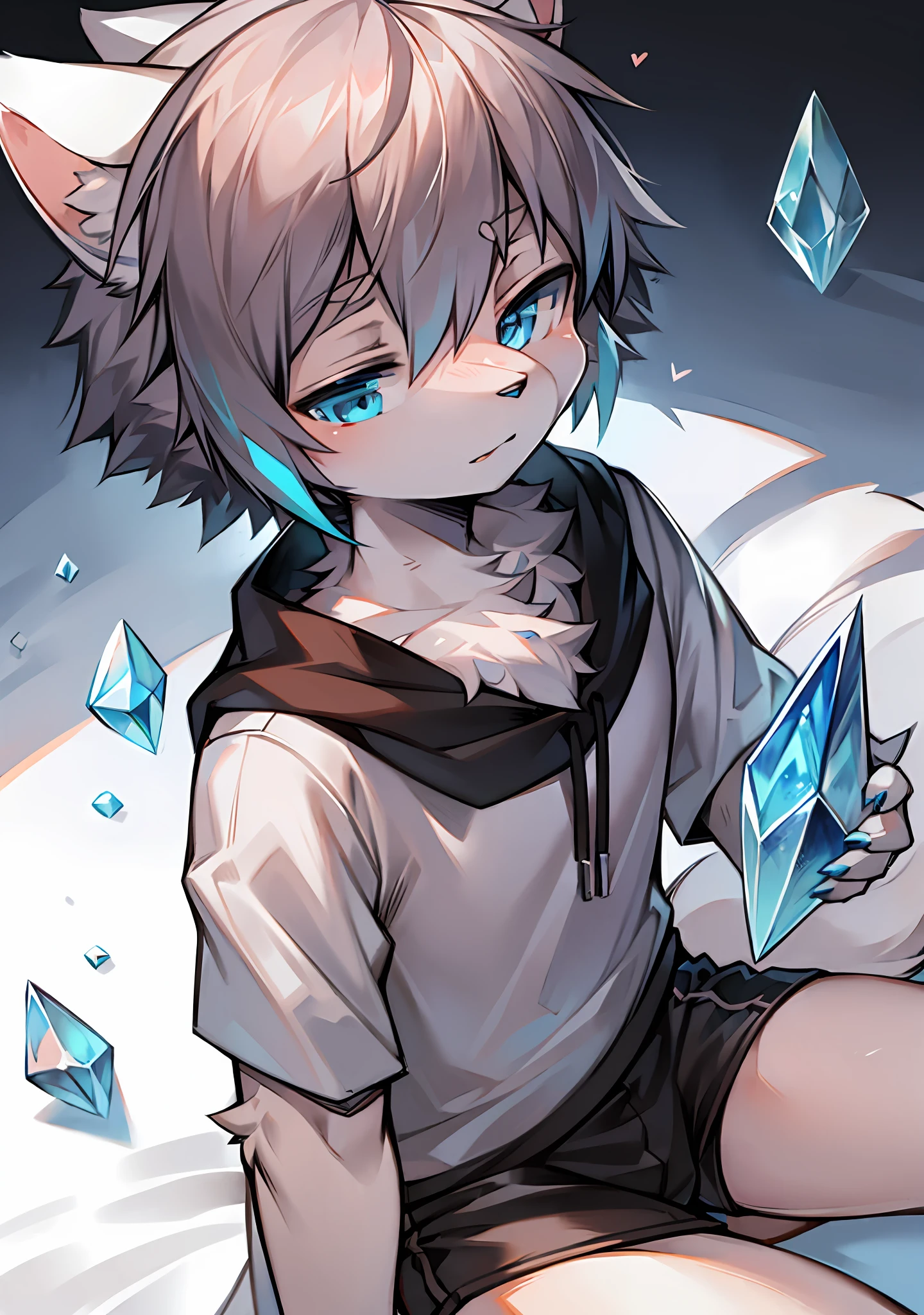 Furry,Wolf Boy,White fur,crystal blue eyes,Single fluffy tail,greyt hair,short detailed hair,Human clothing