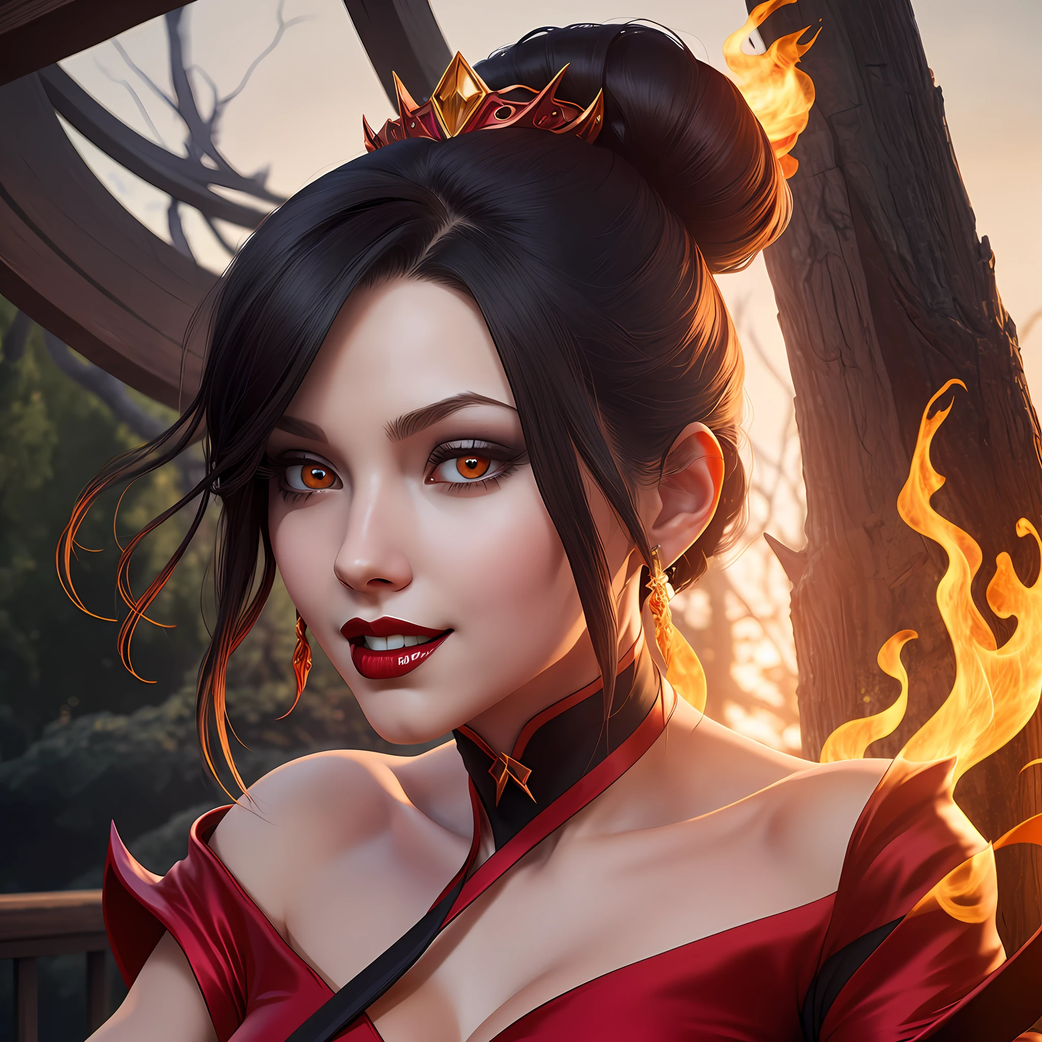 1 beautiful devil woman from hell, In the Dark: 1.6), surreal female portrait by David Hockney and Alphonse Mucha, fantasy art, korea doll, photorealism, dynamic lighting, artstation, poster, volumetric lighting, very detailed faces, 8k ultra, Awarded, in the dark, deep shadow, low key, cowboy lens, (Red phoenix dress: 1.4), long hair, black hair, bust, luxurious palace, Royal style, devil crown, red eyes make up very sharp and detailed, The most beautiful face, The breasts are very big and round and round, Super realistic, chinese women's clothing, polo neck sweater, Charming smile, The eyes are very well made up, guweiz, devil style, wearing black mesh socks, Ponytail with a bow tied at the back of the hair, Red black lips, Devil tattoo on shoulder, wearing a thin red and black robe, the landscape is overcast and thunderous, (Portrait), Close-up of the main character, (Background details 1.8),